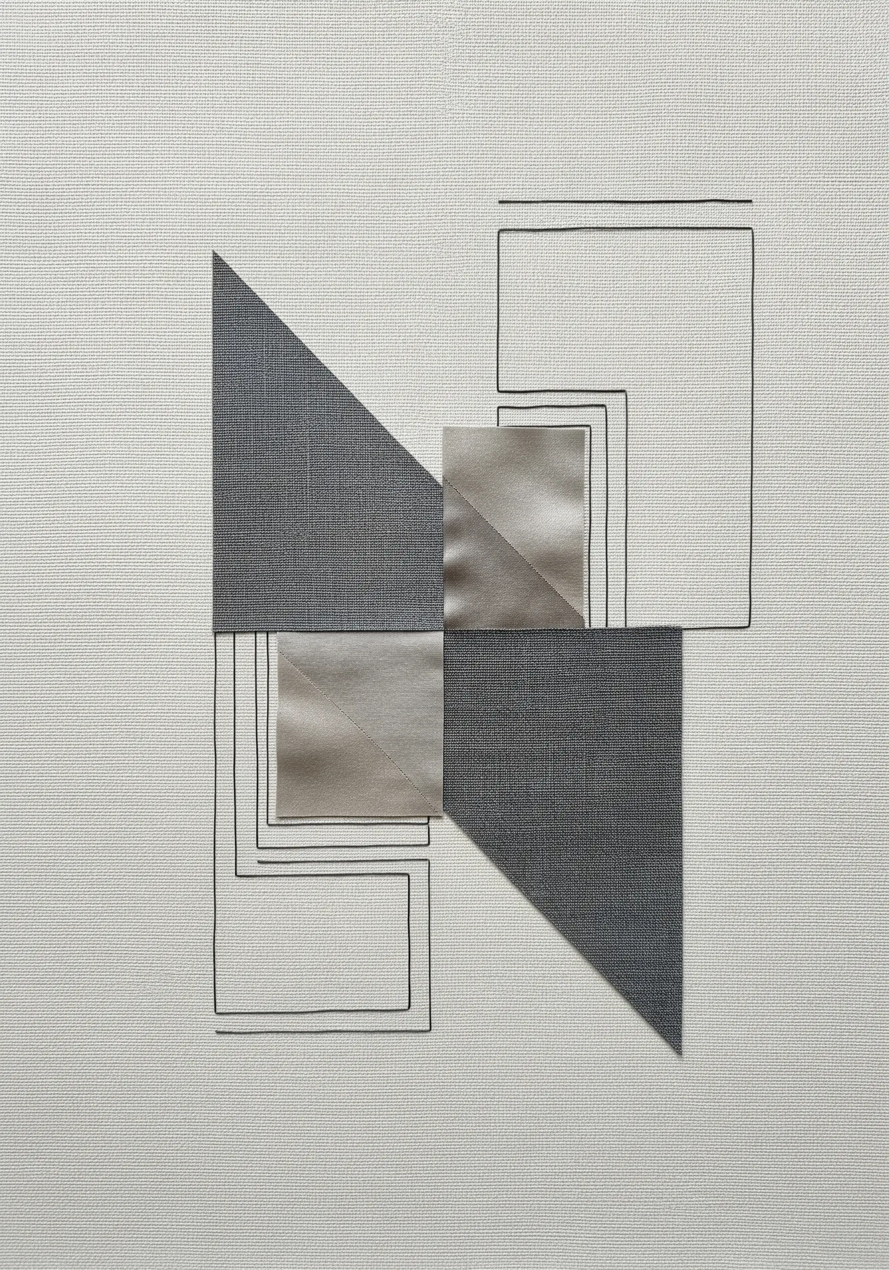 Minimalist geometric collage with gray fabric shapes and clean black backstitched lines.