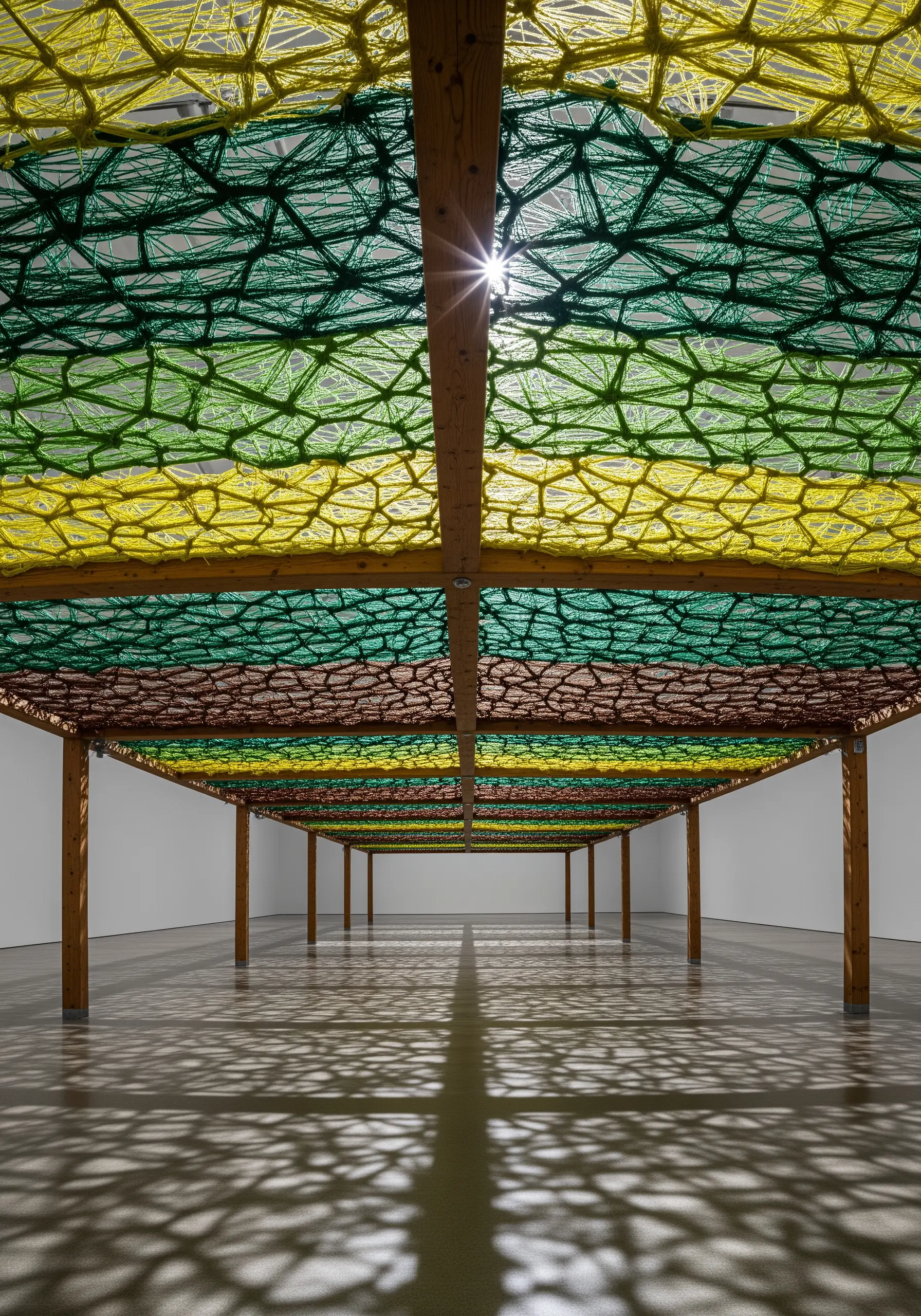 A vast ceiling installation made of yellow, green, and brown thread stretched between wooden beams.