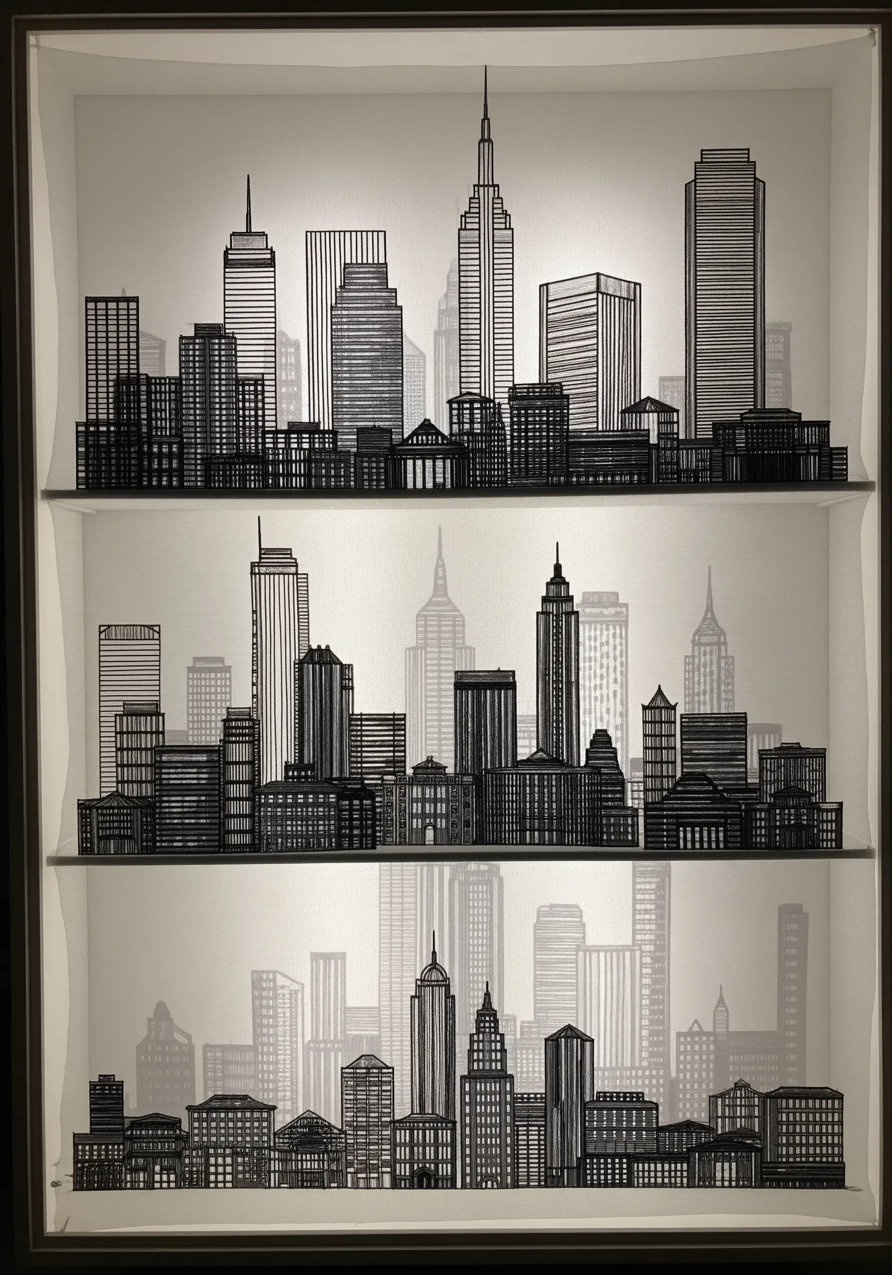 A three-tiered shadow box depicting a city skyline stitched in black thread on sheer fabric.