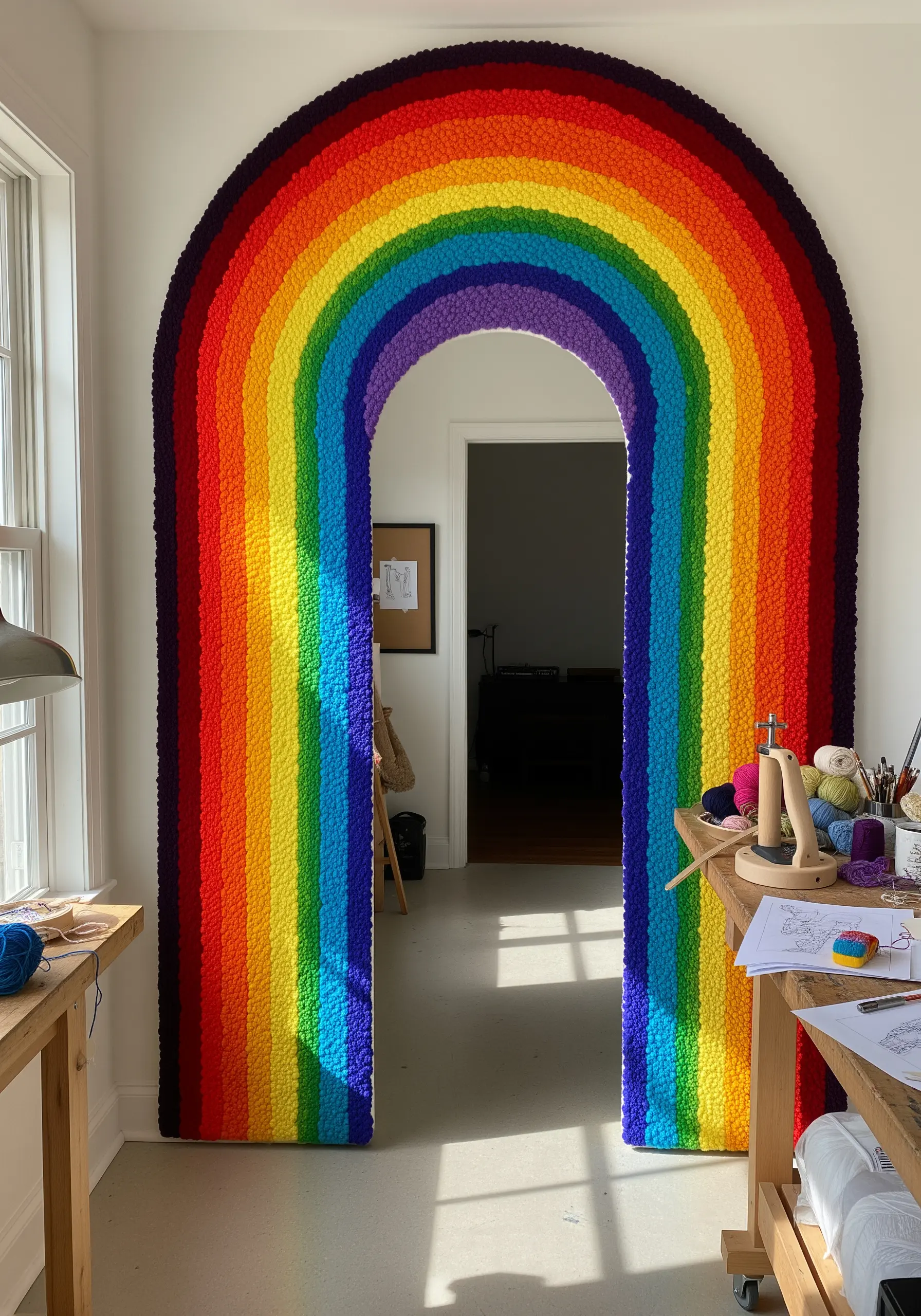 A doorway framed with a plush, tufted arch in a vibrant rainbow color gradient.