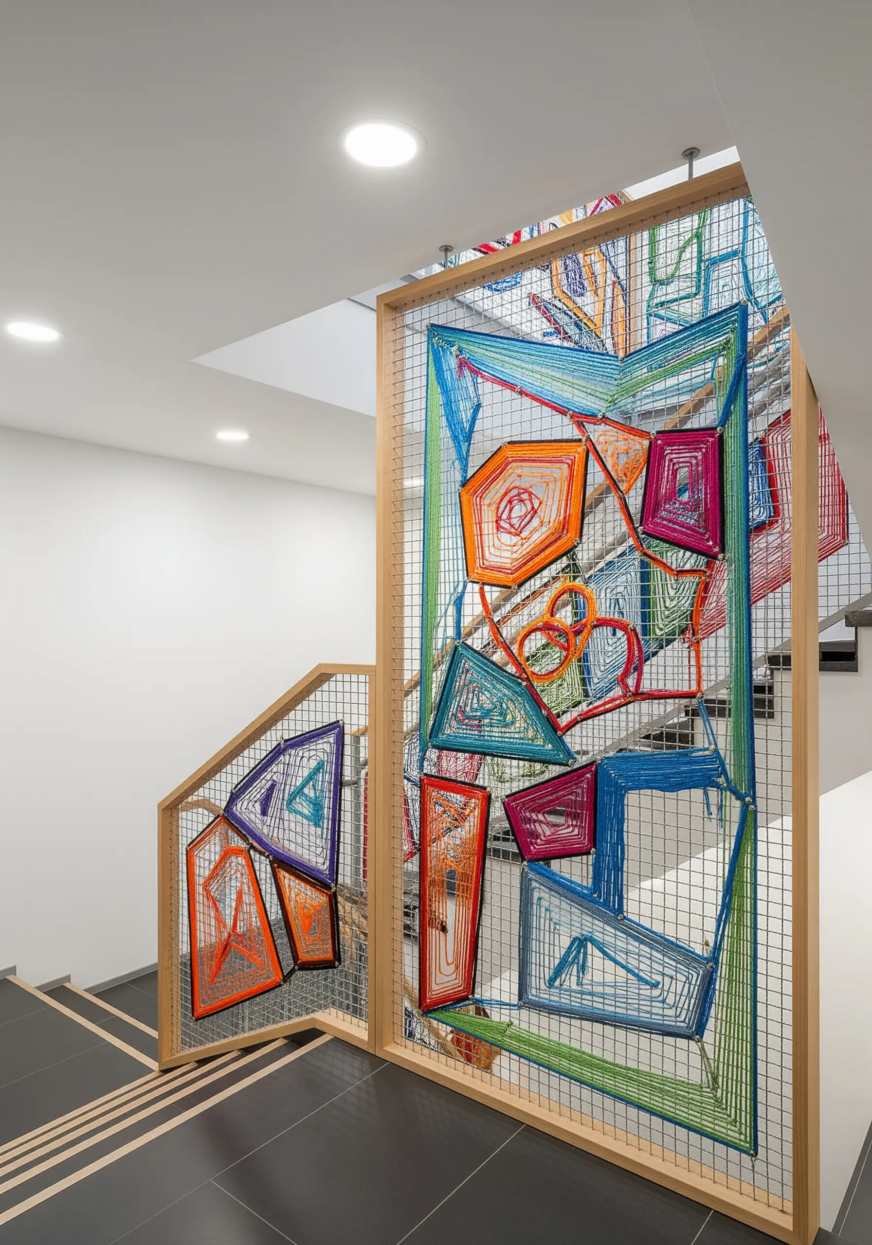 A staircase railing made of wood and wire mesh, filled with a colorful geometric string art installation.