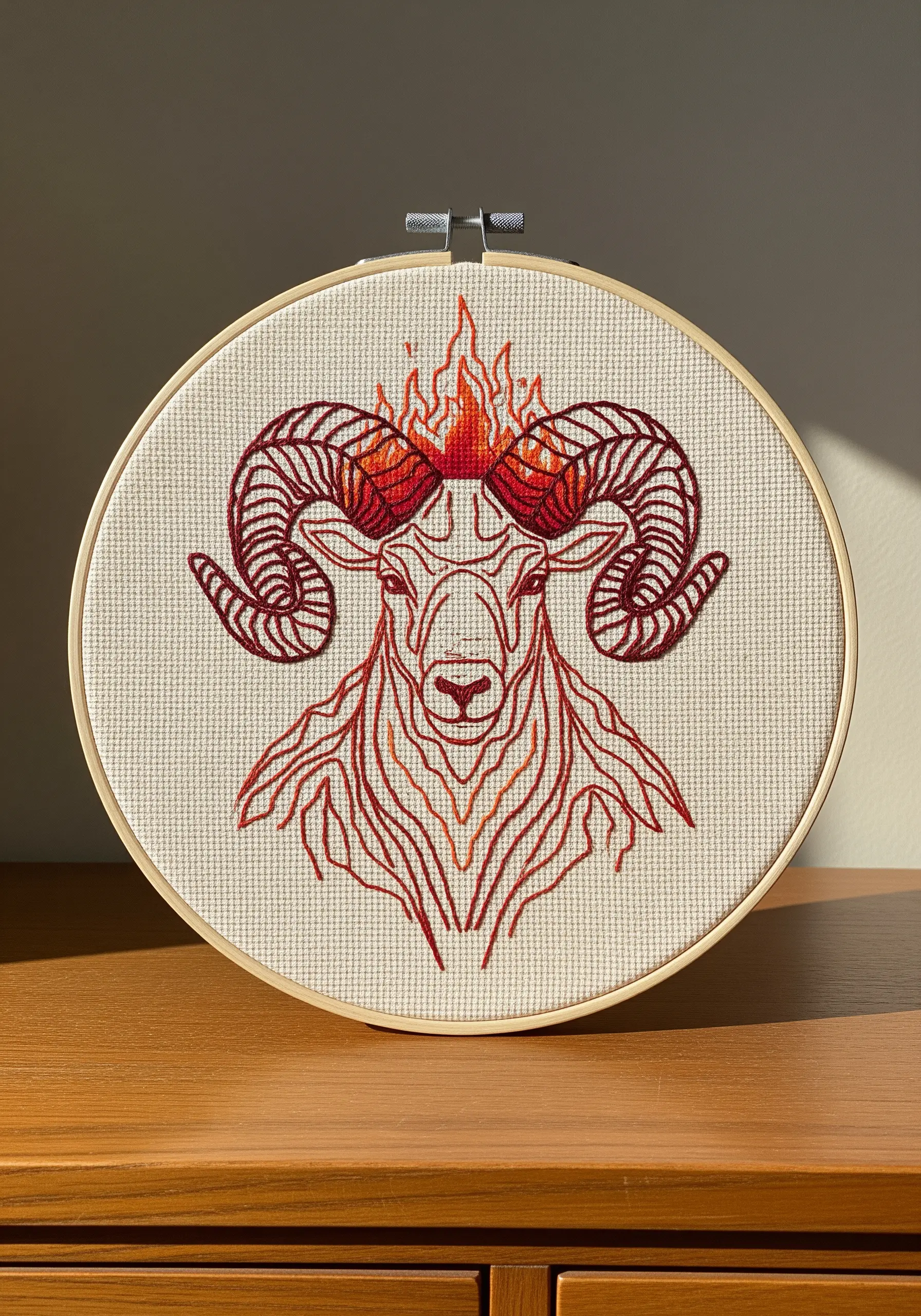 Aries ram head embroidery with fiery orange and red flames stitched above its horns.