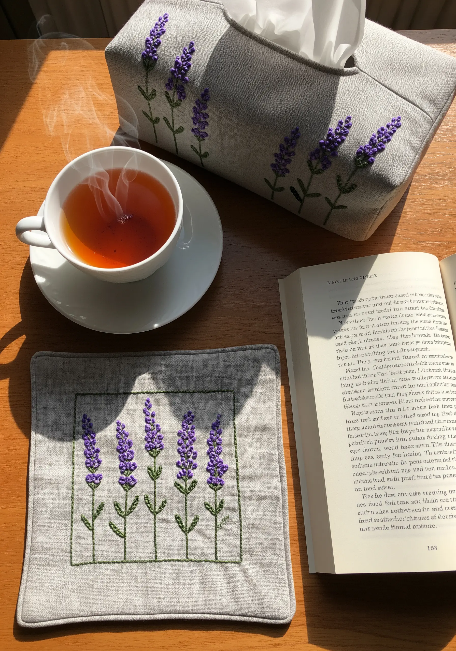 Linen tissue cover with purple lavender bullion knots