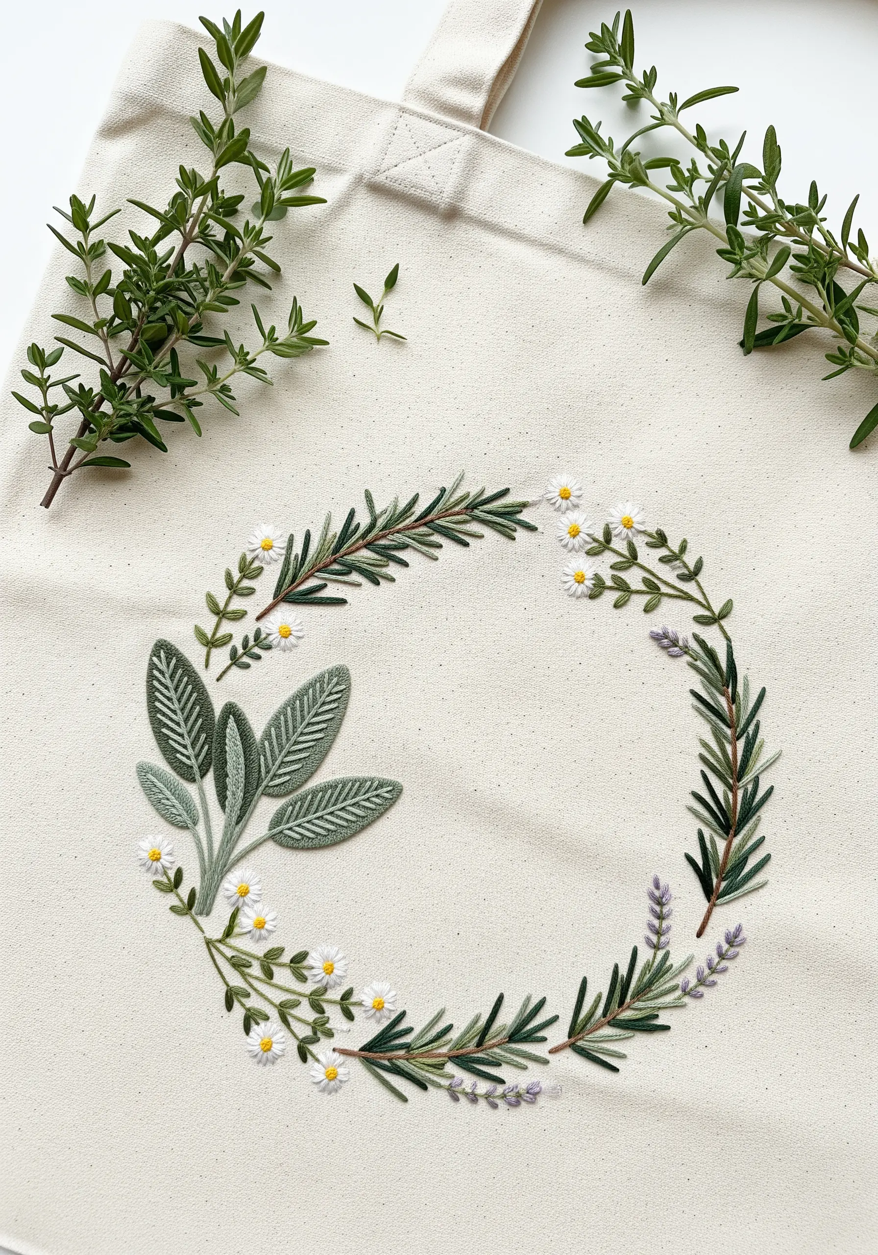 Embroidered wreath with sage, rosemary, chamomile, and lavender on a canvas tote.