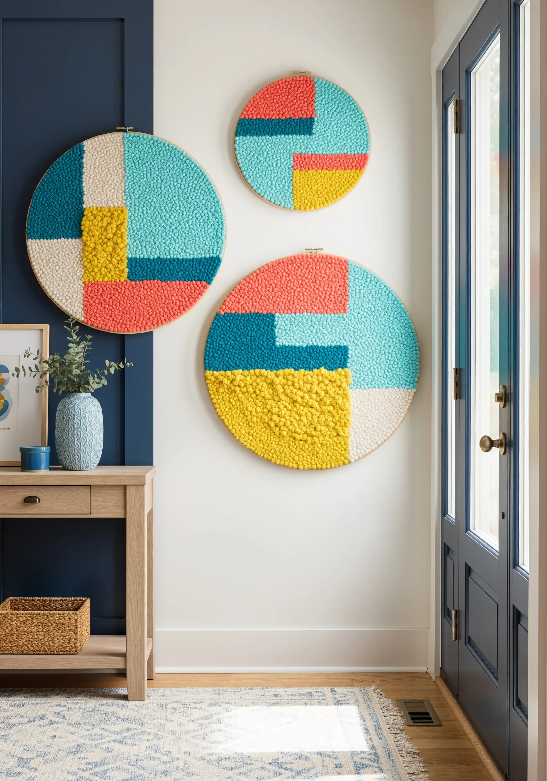 A set of three round punch needle hoops with geometric color block patterns.