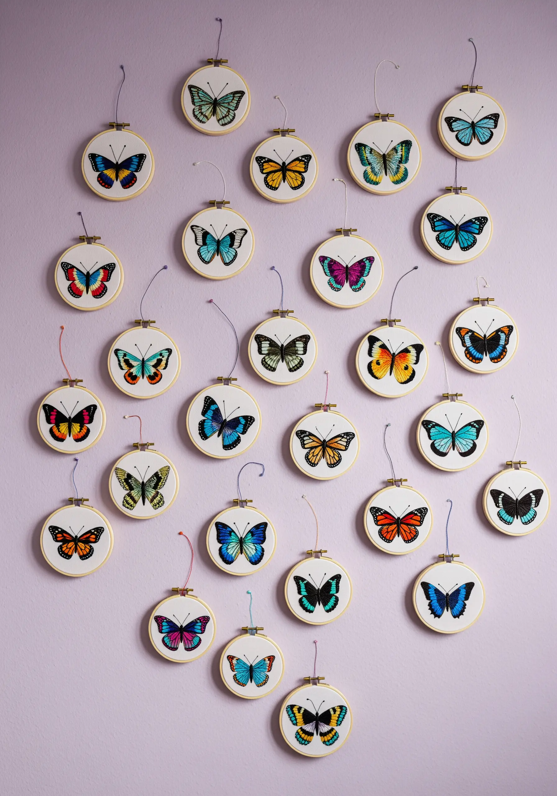 A wall display of over twenty small embroidery hoops, each containing a different colorful butterfly.
