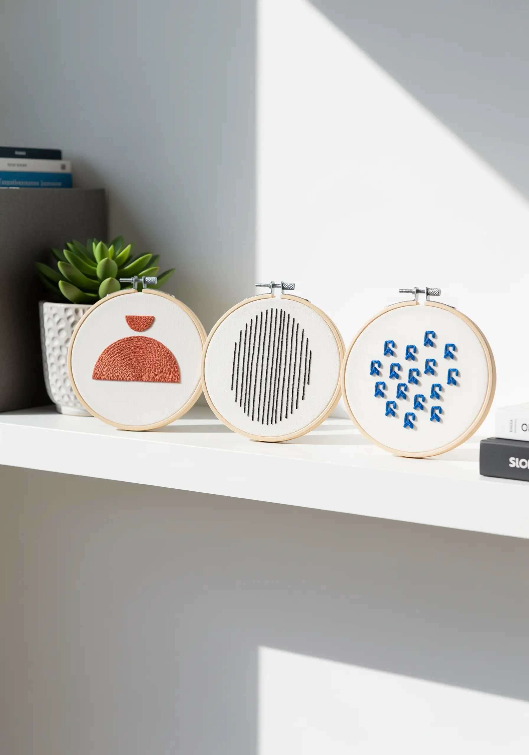 A set of three hoops with abstract terracotta, black, and blue embroidery.