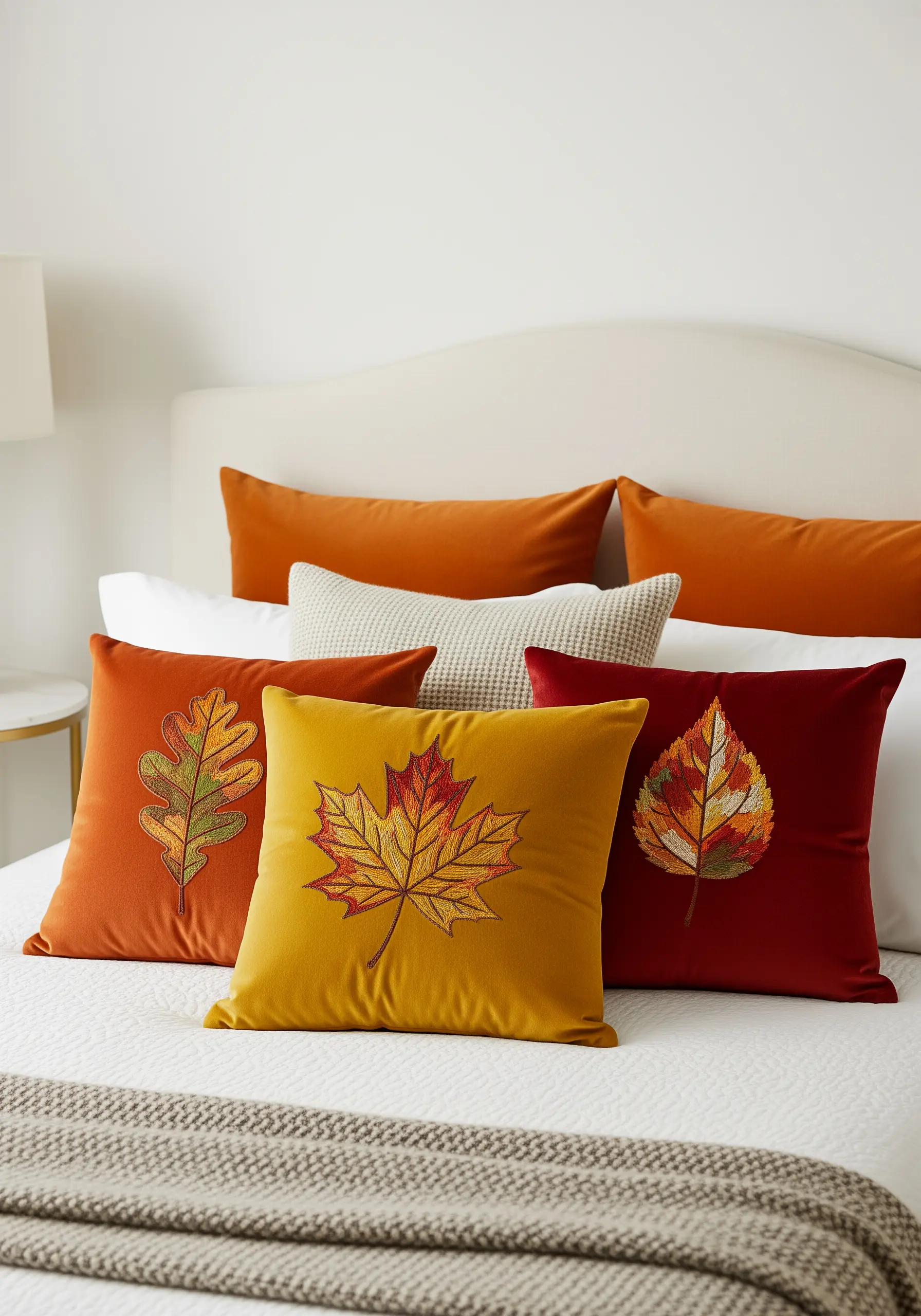 A collection of throw pillows in orange, yellow, and red, each embroidered with an autumn leaf.