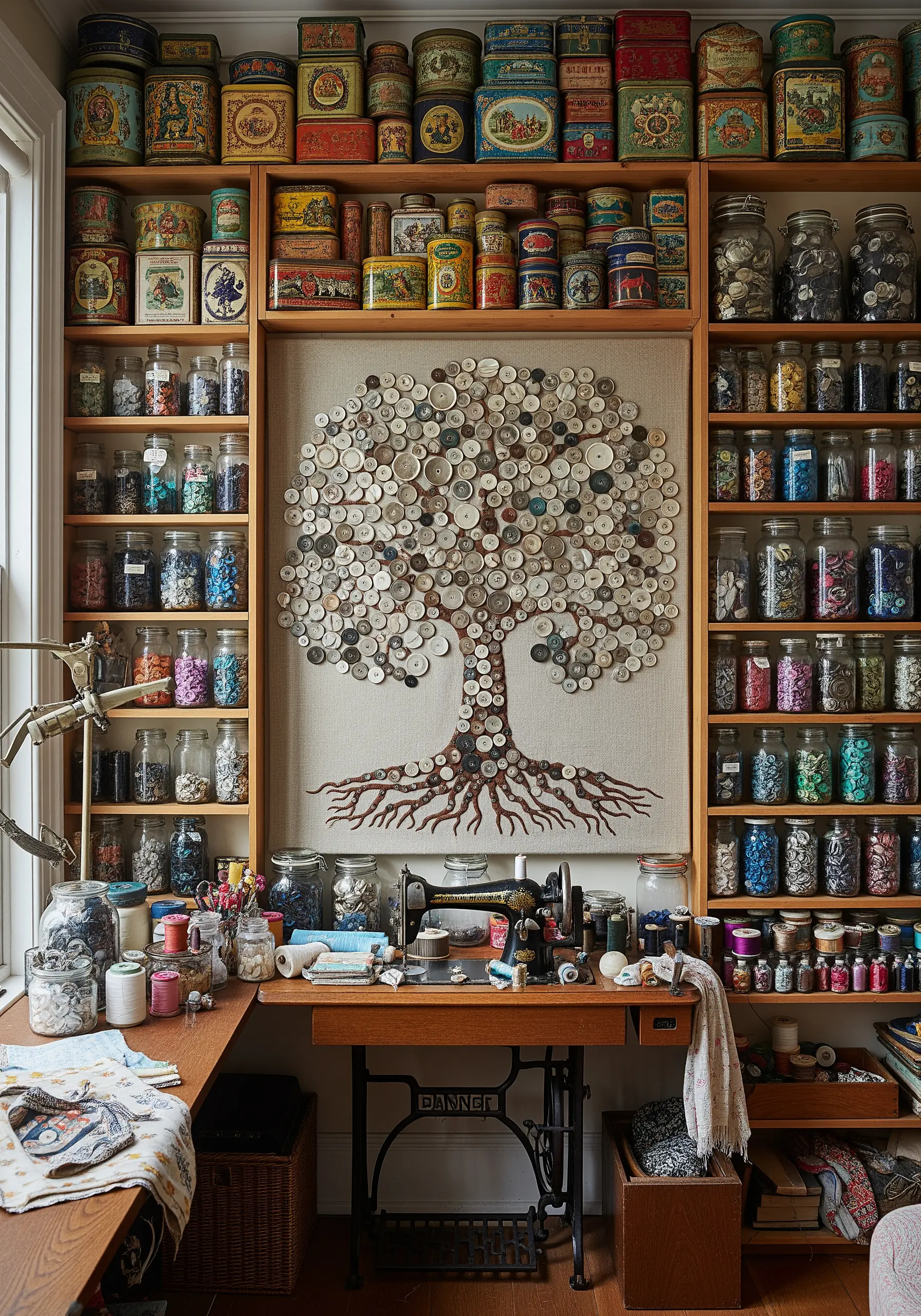 Tree art made from vintage buttons on canvas