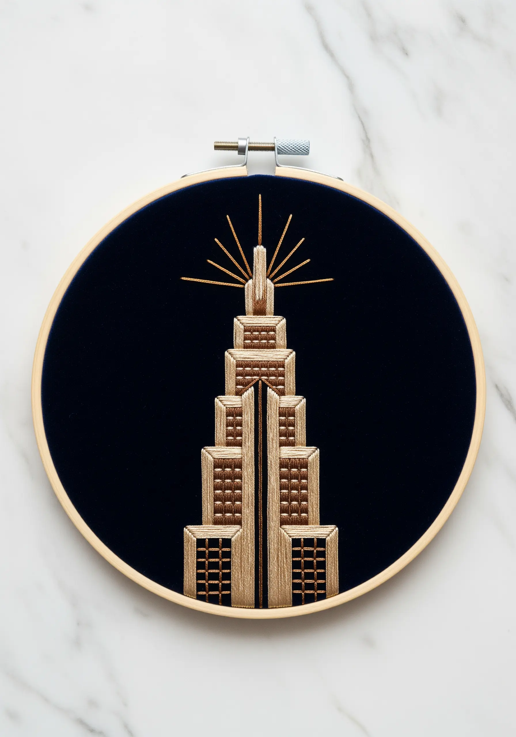 Gold Art Deco skyscraper embroidery on dark blue velvet