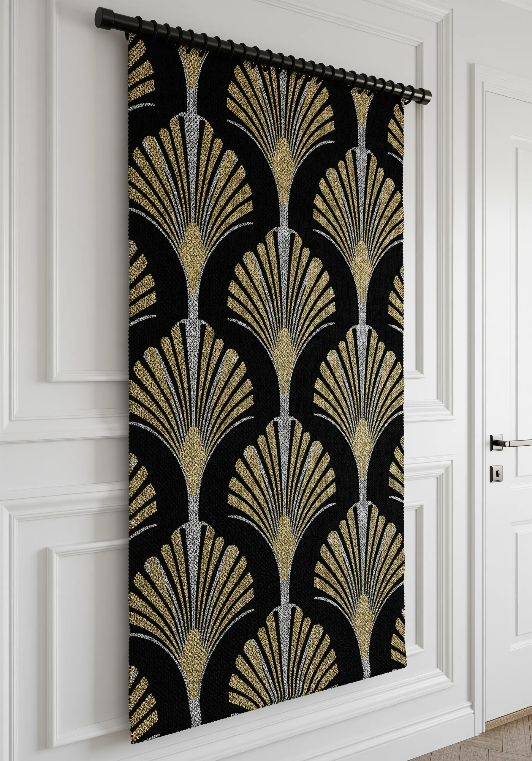 Art Deco patterned wall hanging with repeating fan shapes in gold and silver on black.