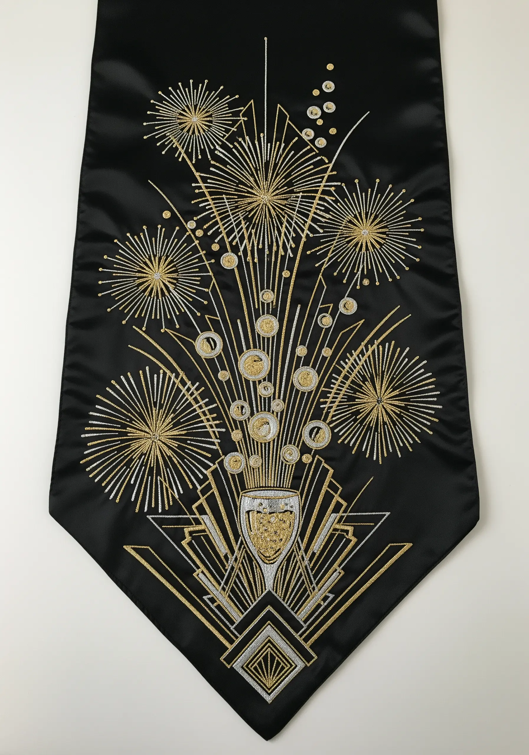 Art Deco-style fireworks and champagne glass embroidered in gold and silver on a black runner.