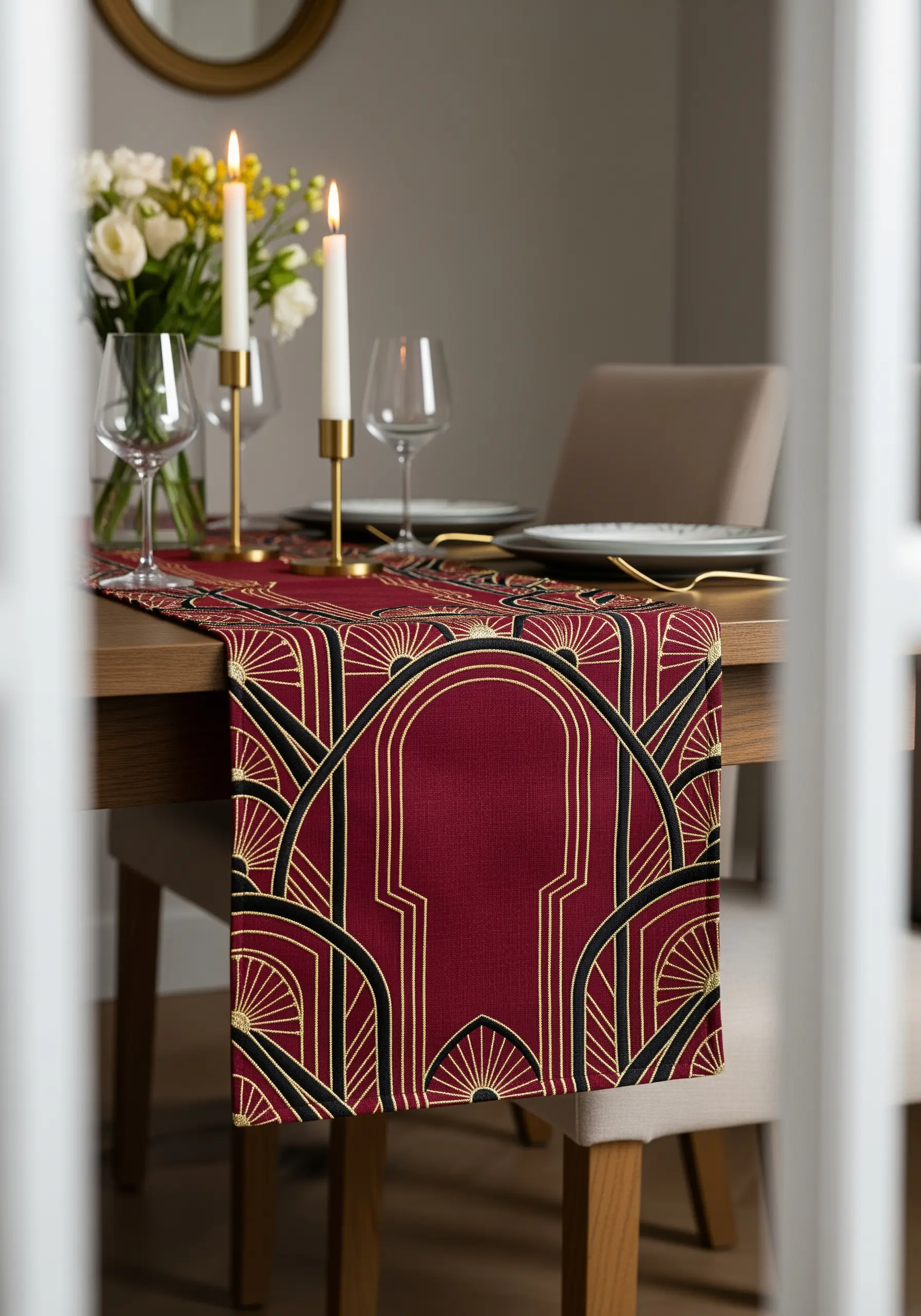 An Art Deco geometric pattern in gold and black thread on a burgundy table runner.