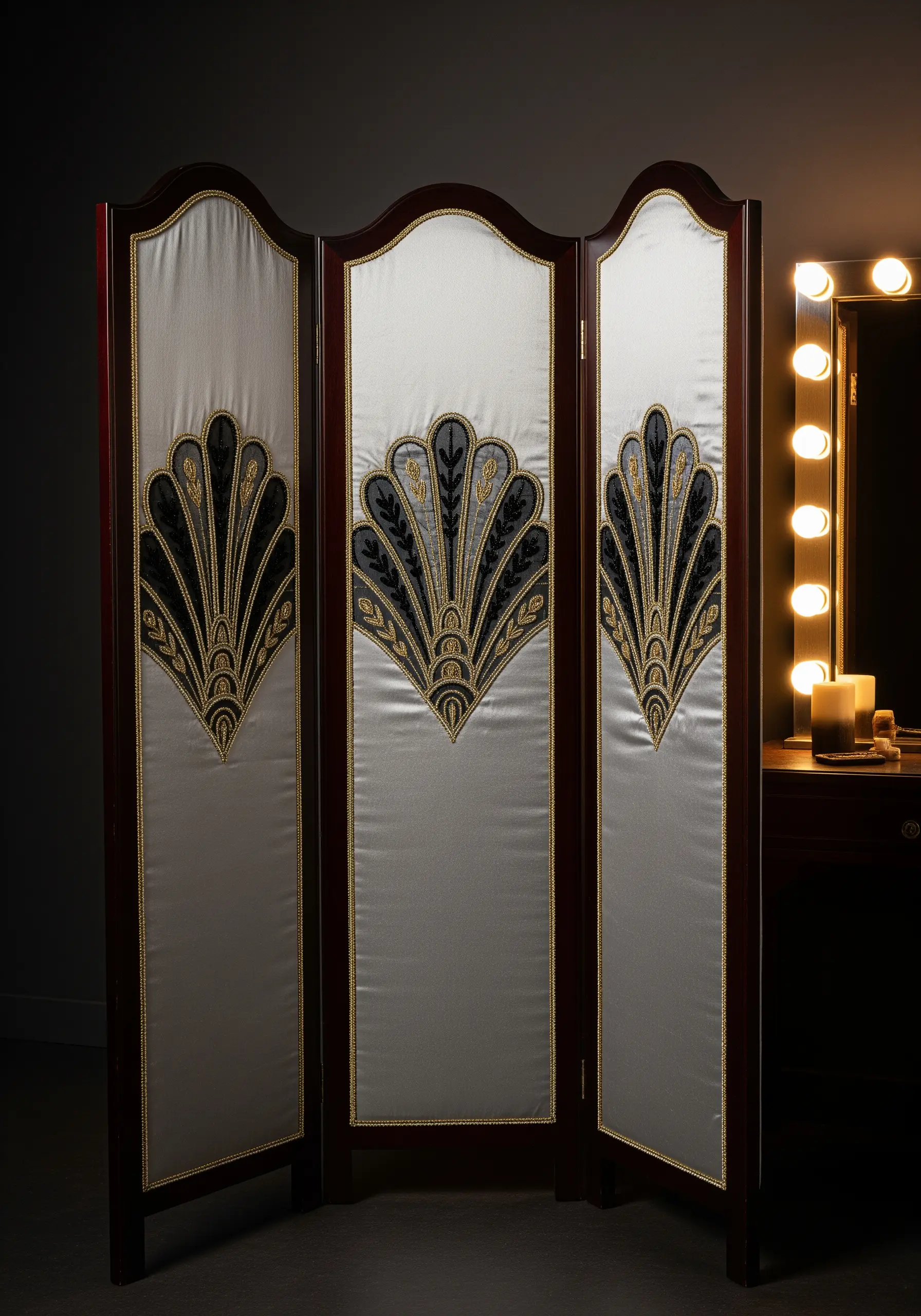 An elegant three-panel folding screen with embroidered Art Deco fan motifs in black, gray, and gold.