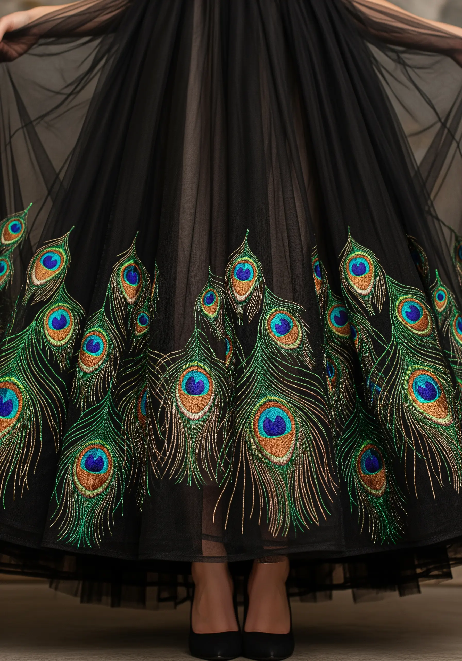 Black tulle dress with large peacock feather embroidery at hem