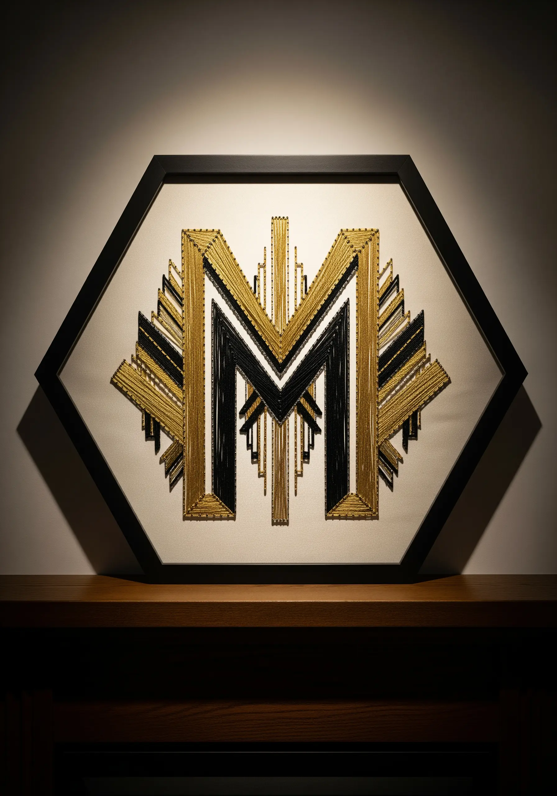 An Art Deco-style monogram with precise gold and black thread on a white background.