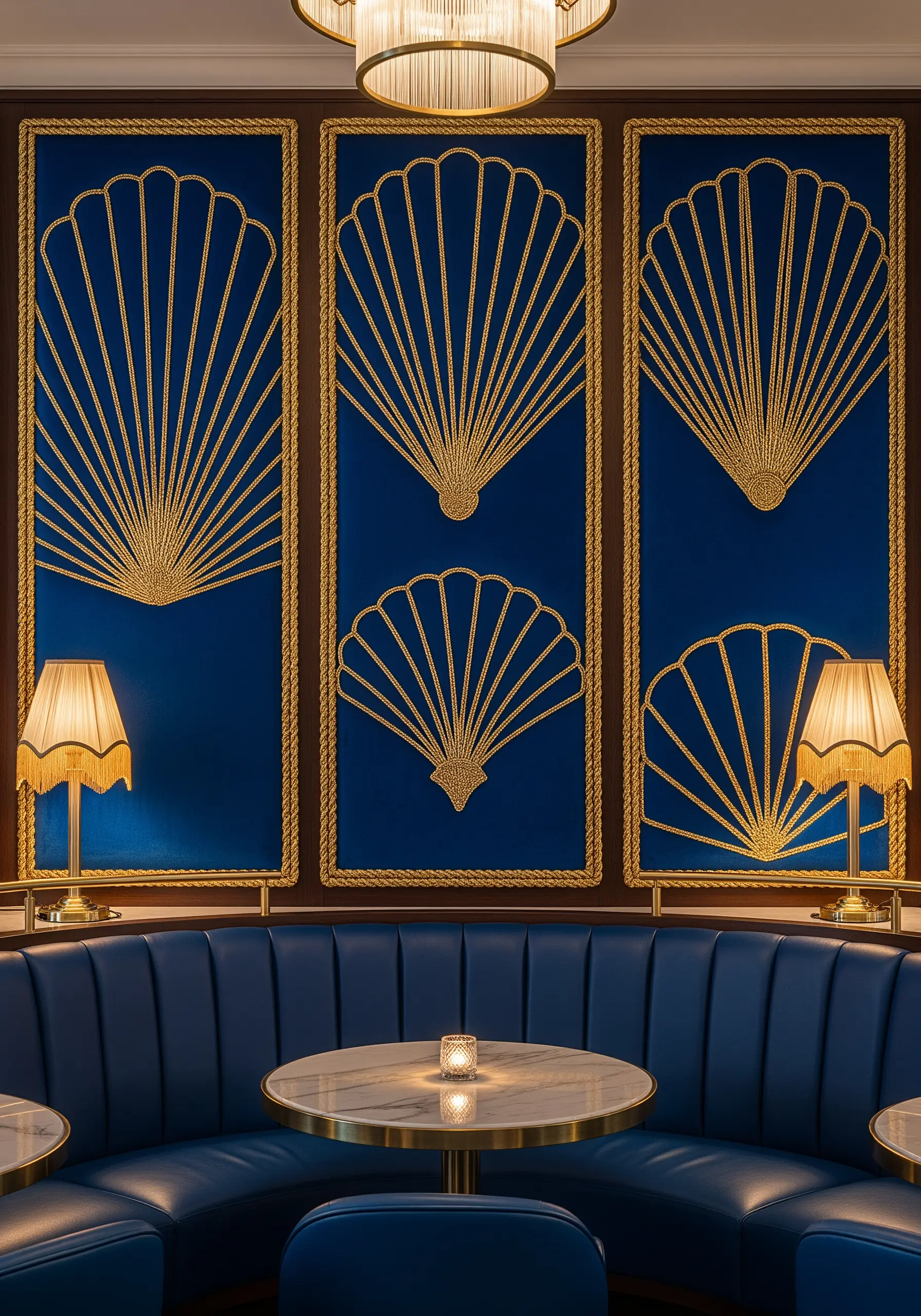 Three vertical panels with large Art Deco style scallop shells outlined in thick gold rope.