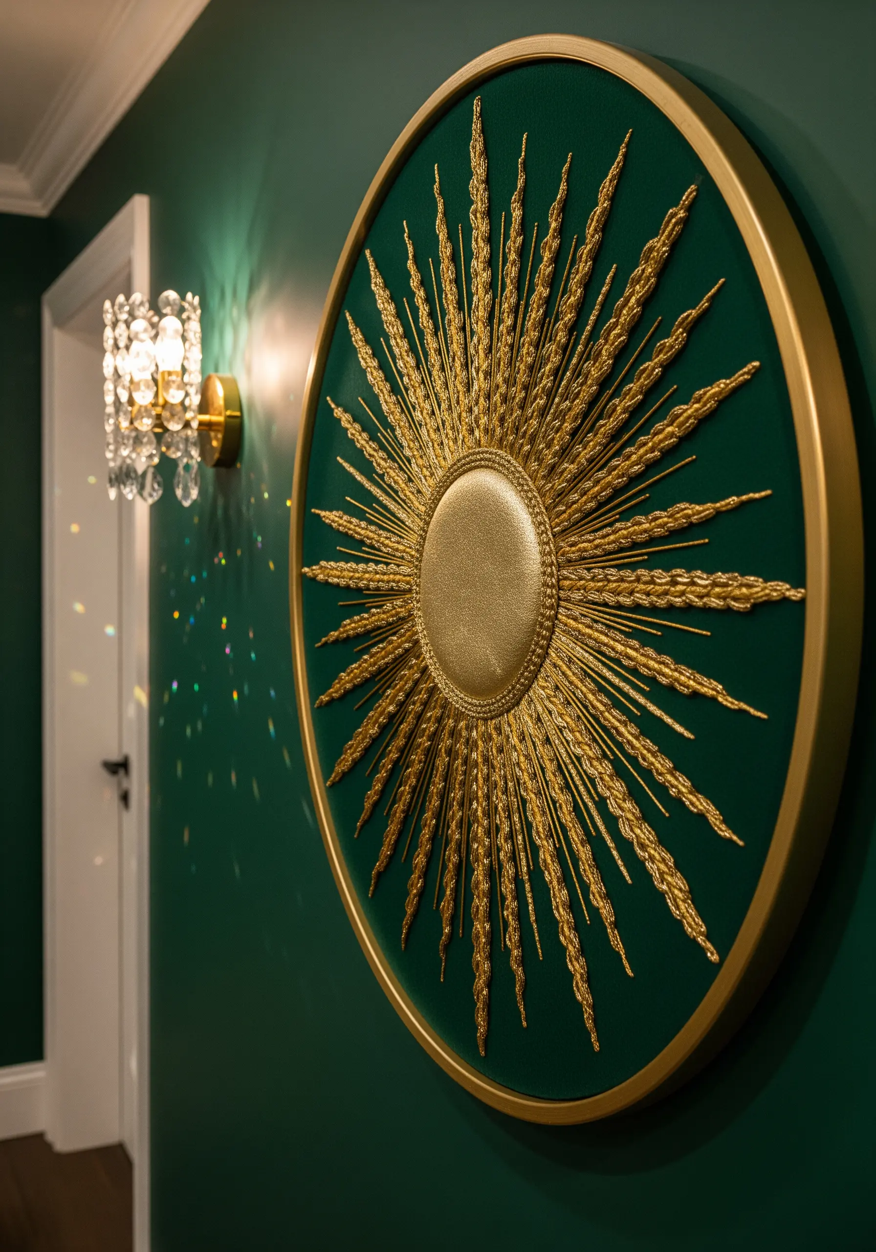 A gold sunburst motif with raised satin stitch on a dark green background, framed in gold.