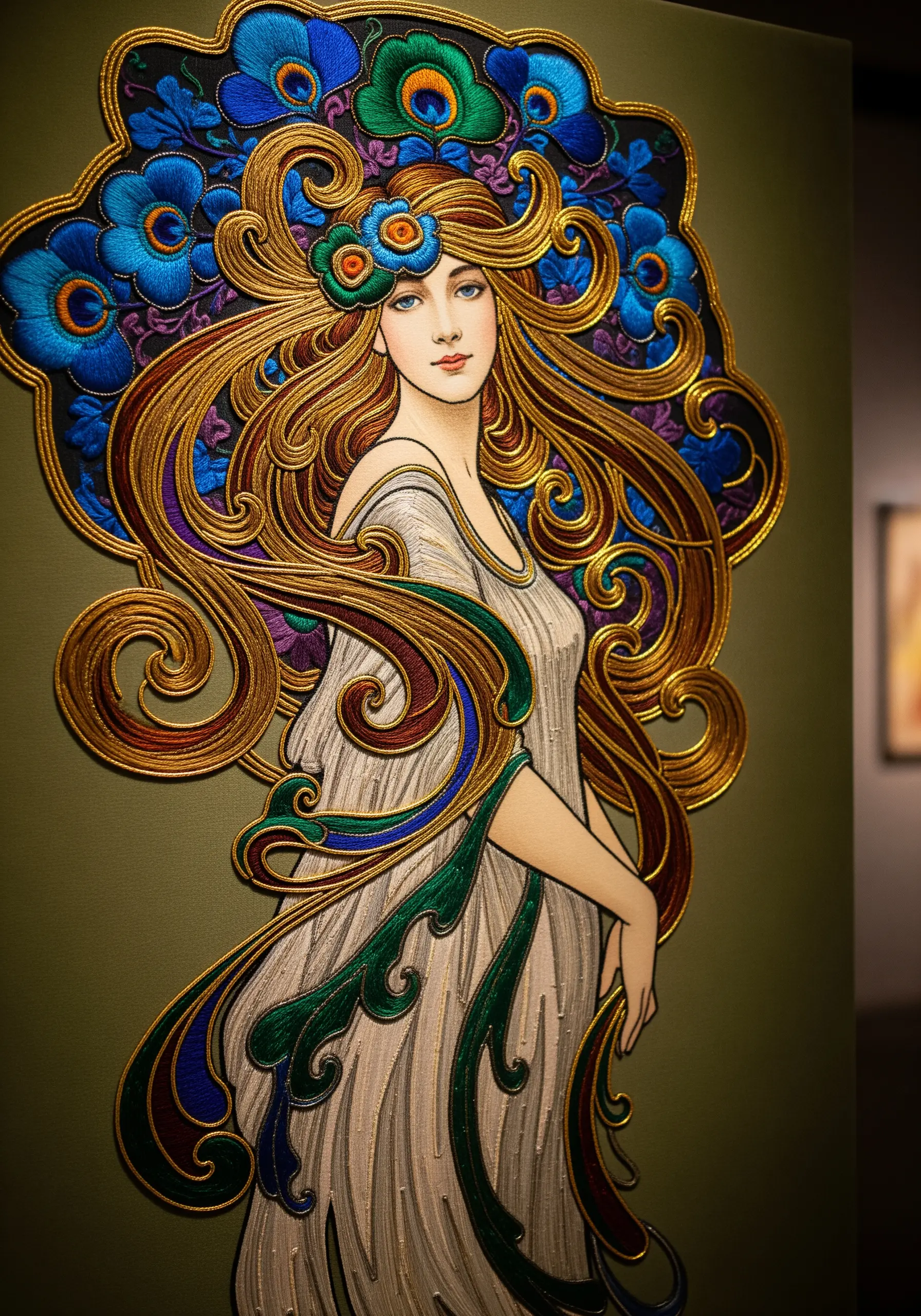 An Art Nouveau-style embroidered portrait with bold gold couched outlines and satin stitch fills.