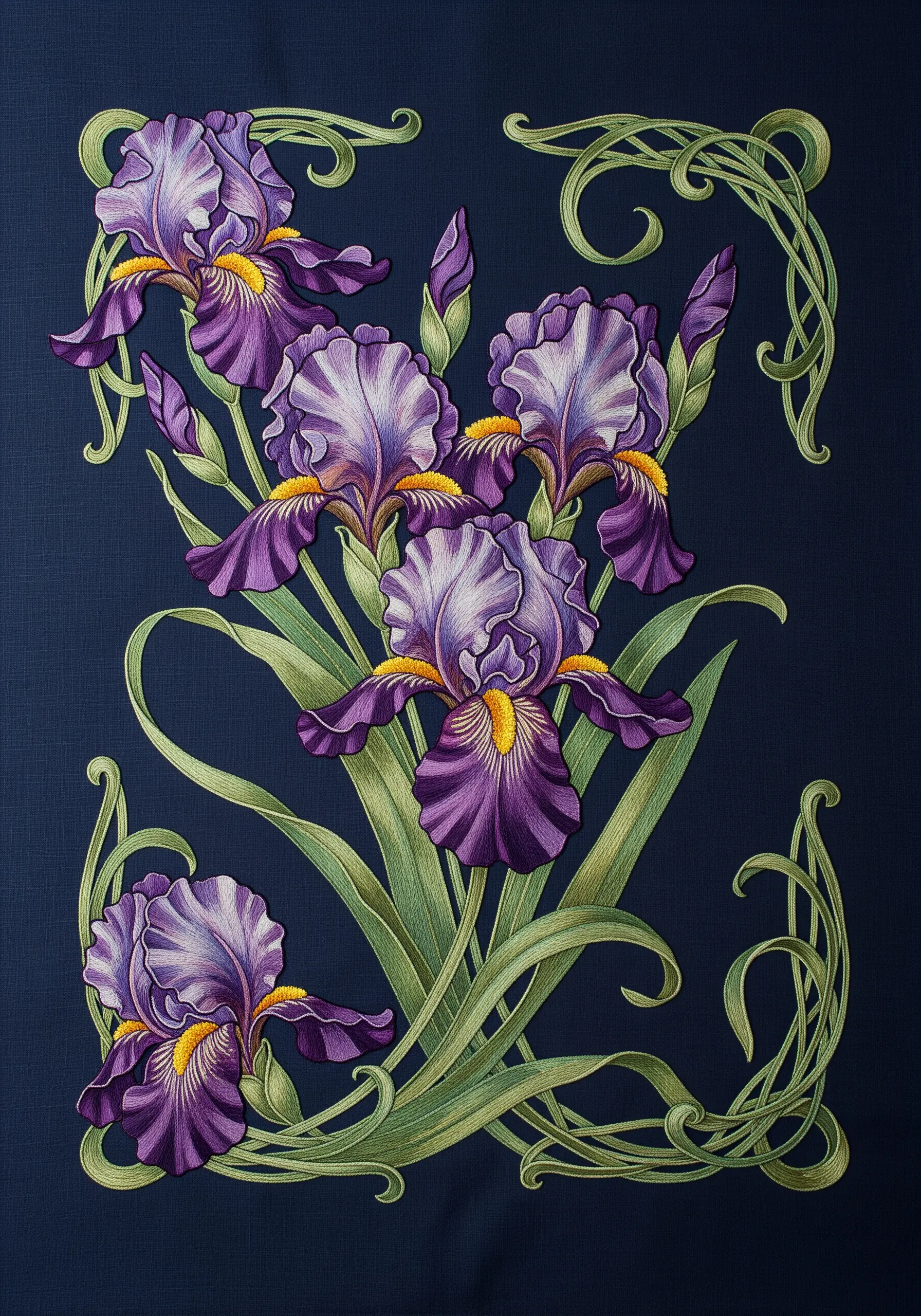 A detailed thread painting of purple irises in an Art Nouveau style on navy fabric.