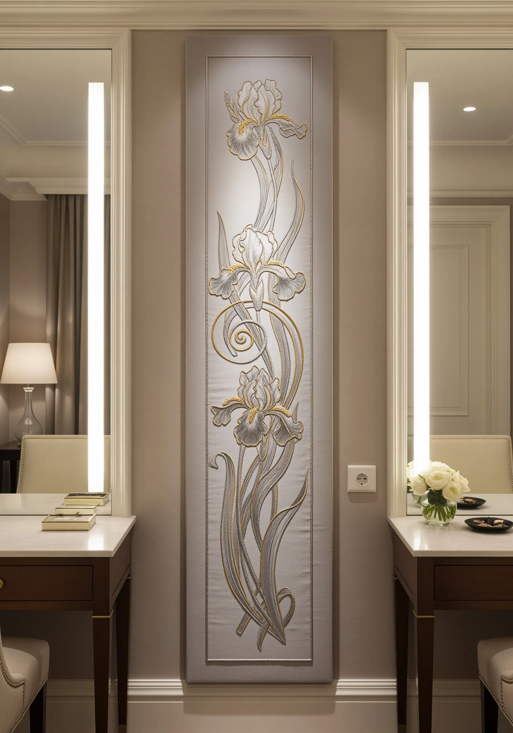 A tall, narrow panel with Art Nouveau irises embroidered in silver and gold threads.