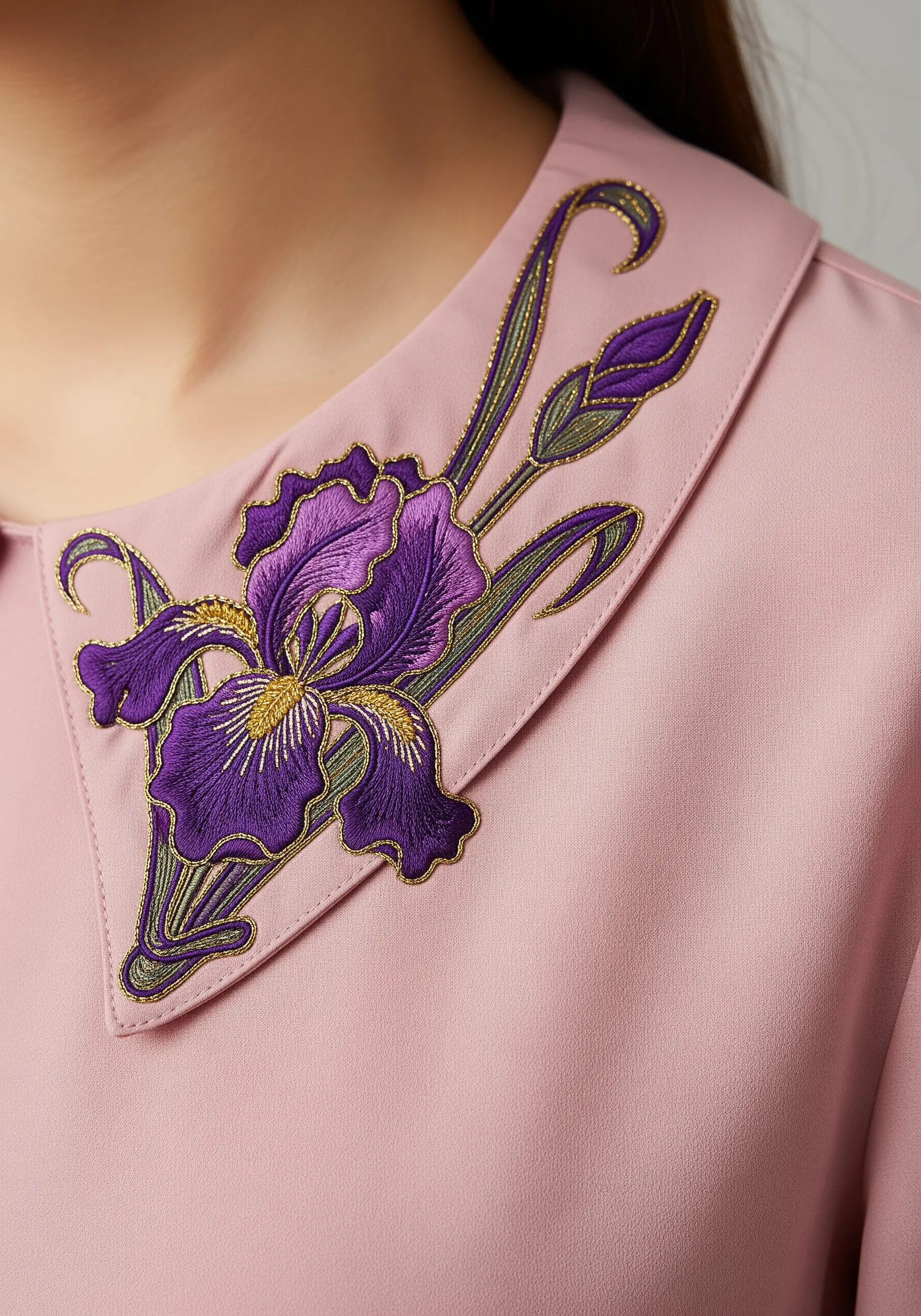 A large Art Nouveau style iris in purple and gold embroidered on a pink collar.