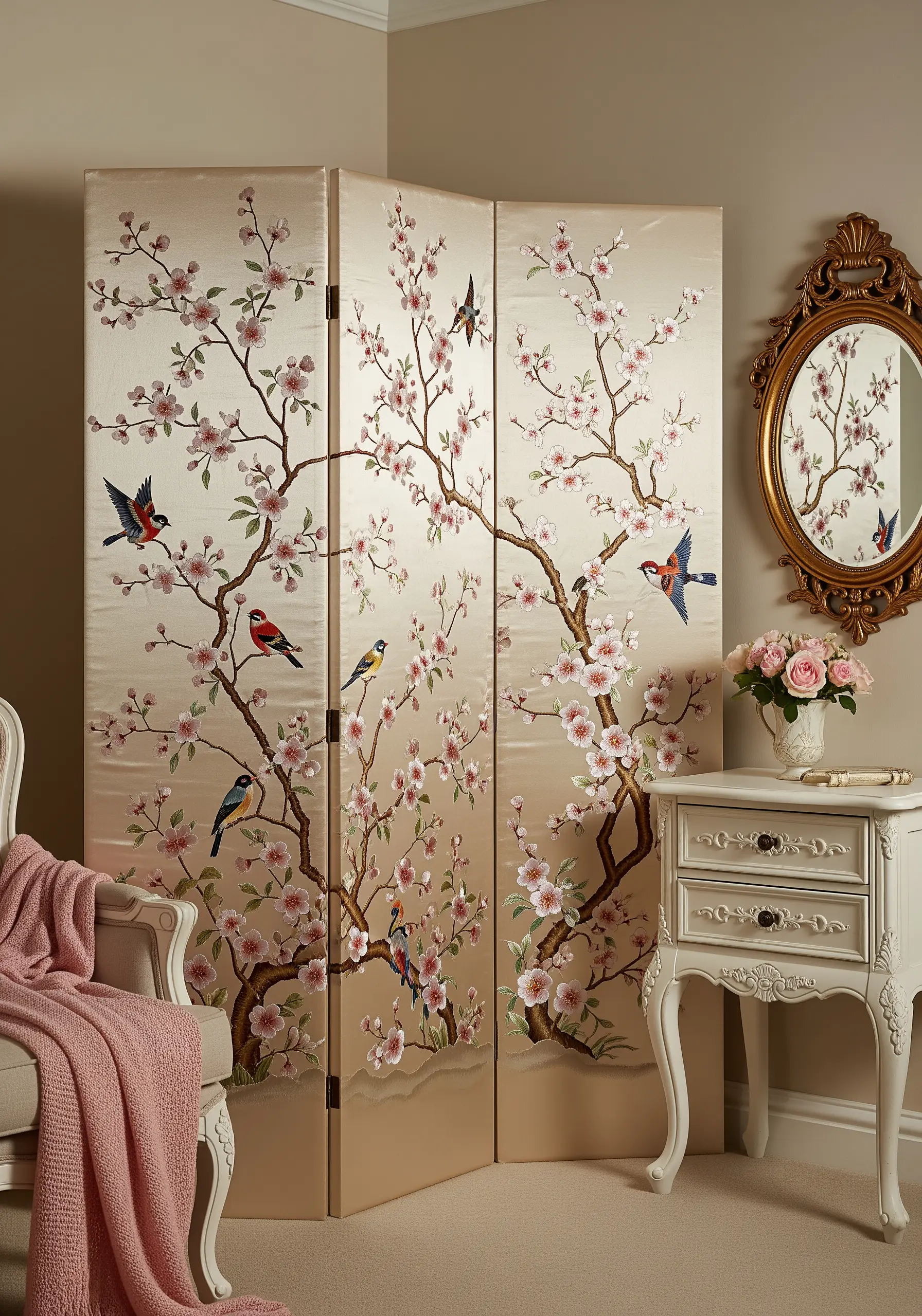 Room divider screen with cherry blossom and bird embroidery
