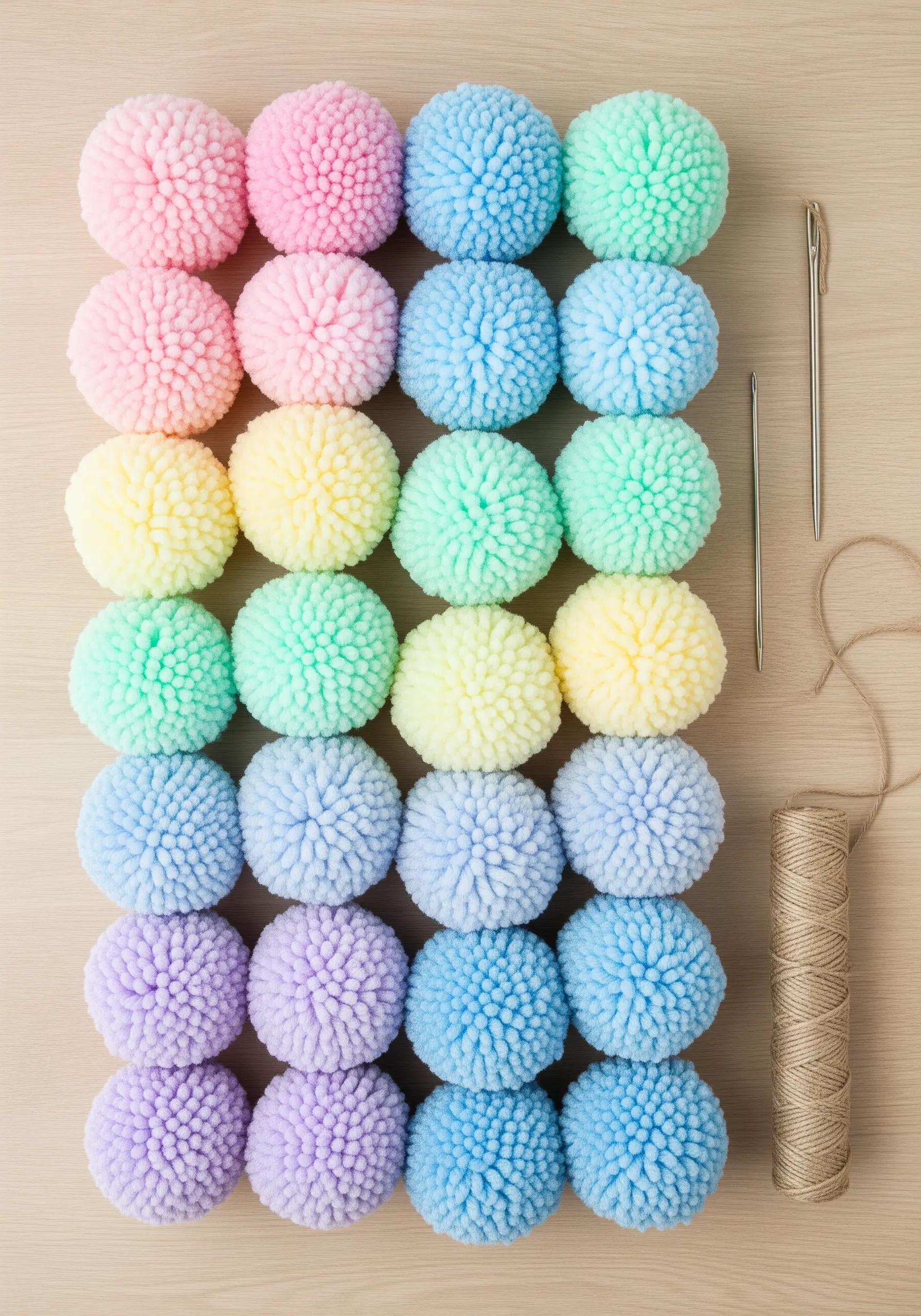 A grid of pastel-colored pom-poms in pink, blue, yellow, and purple, arranged on a surface.