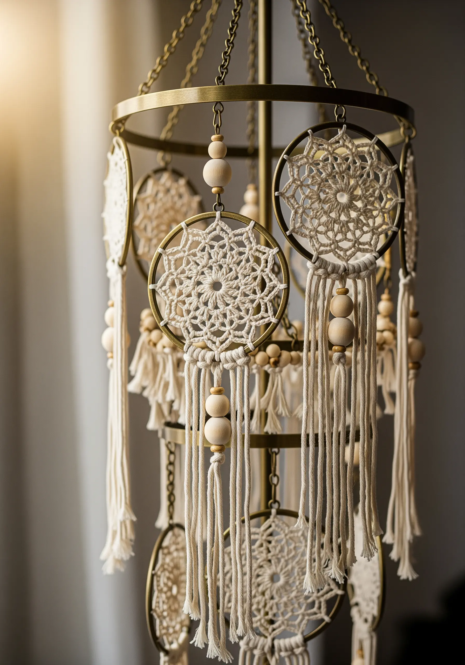 A chandelier made of multiple small macrame dreamcatchers with wooden beads and tassels.