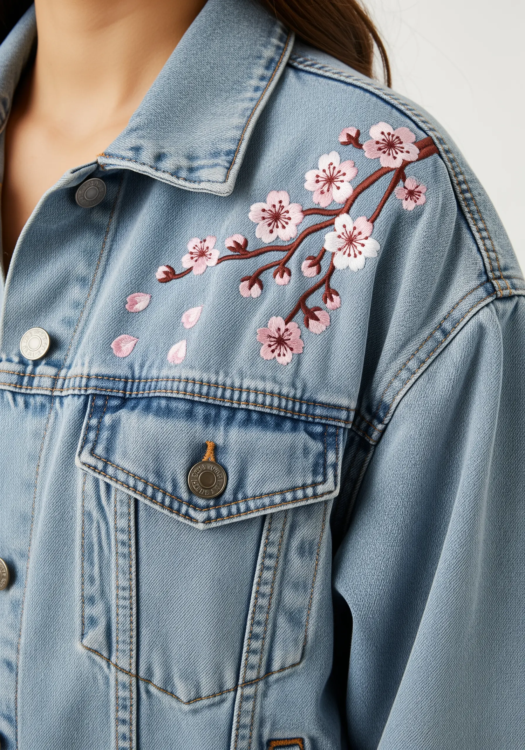 Pink and white cherry blossom embroidery on the shoulder of a light-wash denim jacket.
