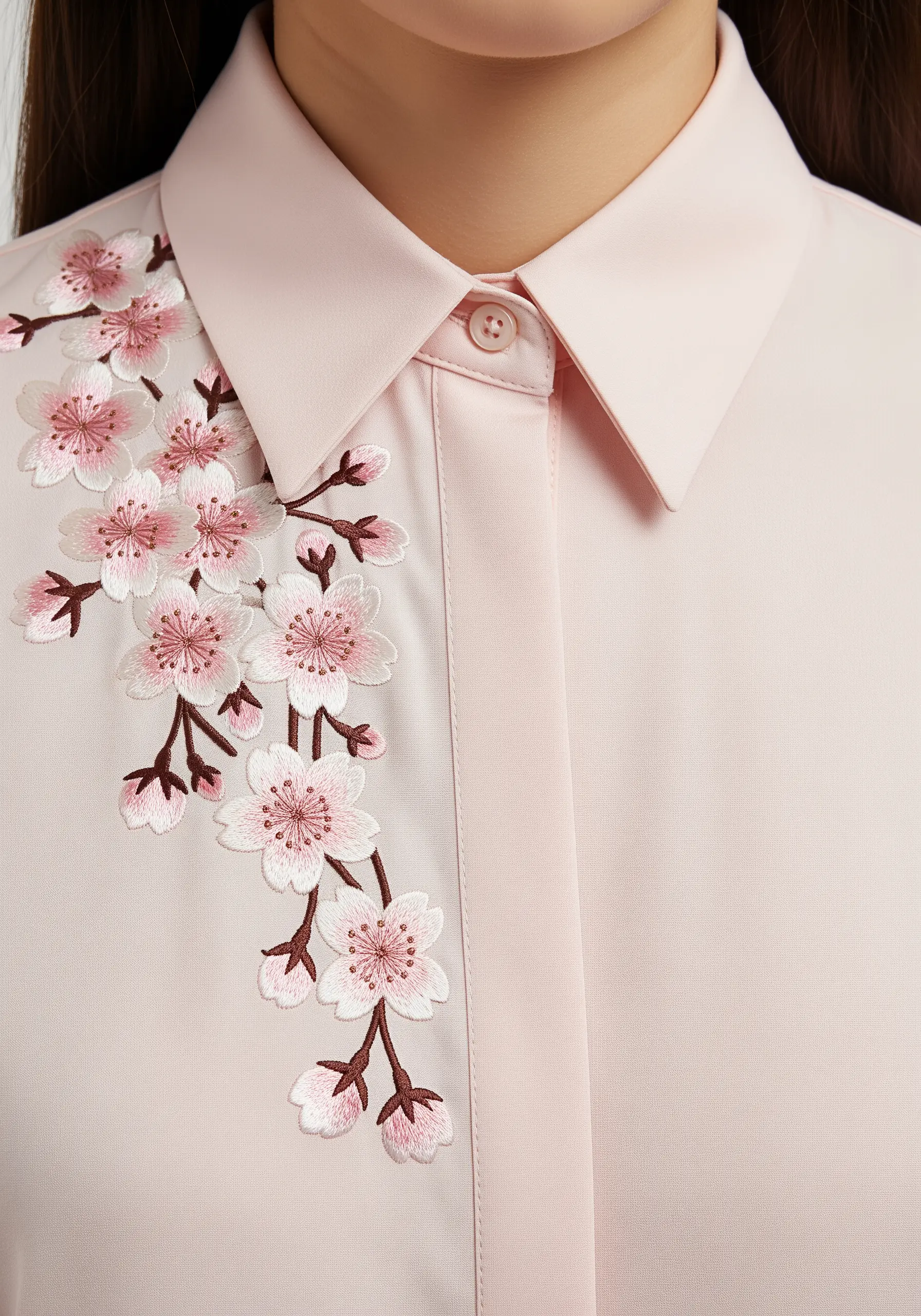 Asymmetrical cherry blossom embroidery flowing down from a pink shirt collar.