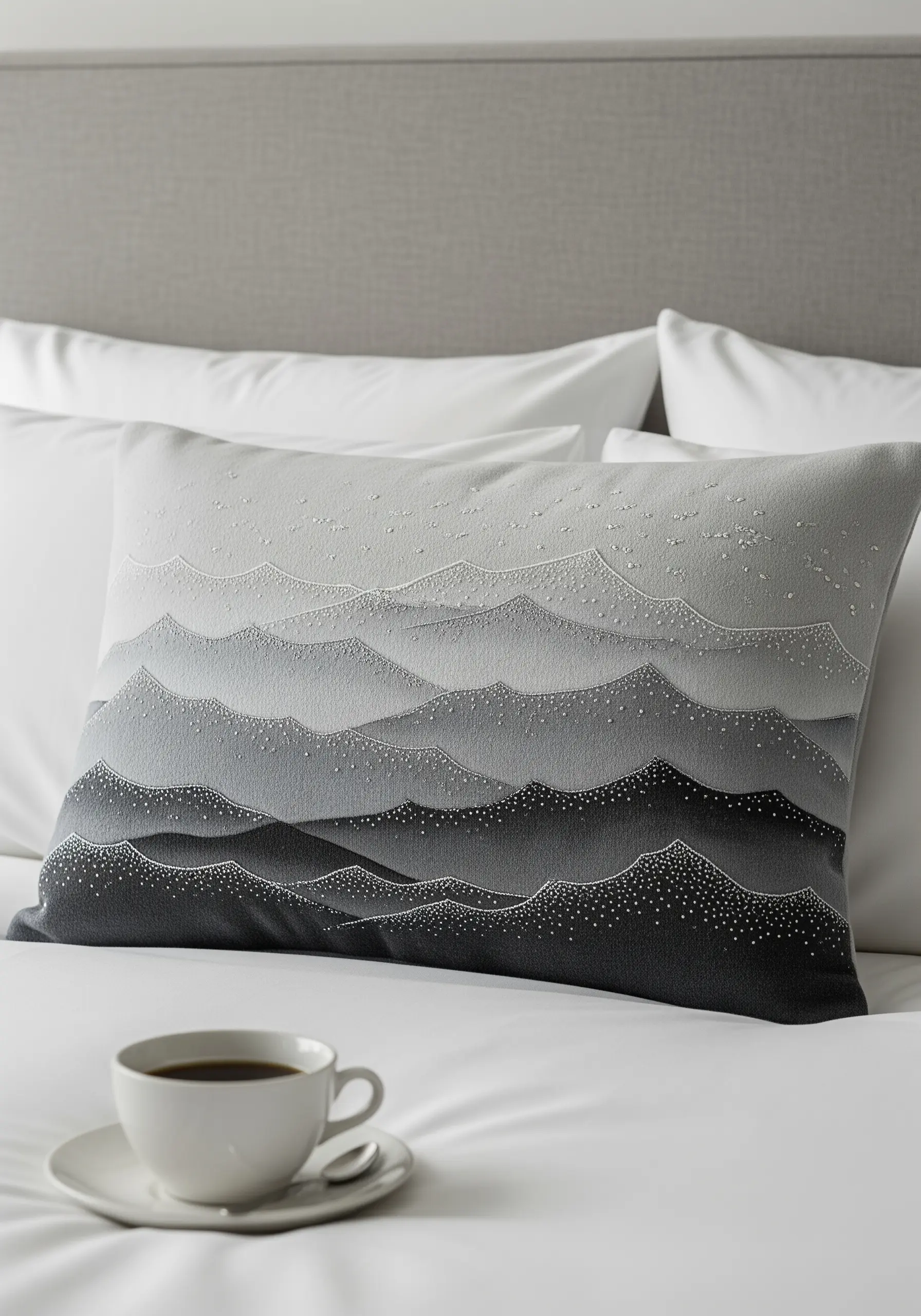 A grayscale embroidered mountain range on a lumbar pillow, showing layers and depth.