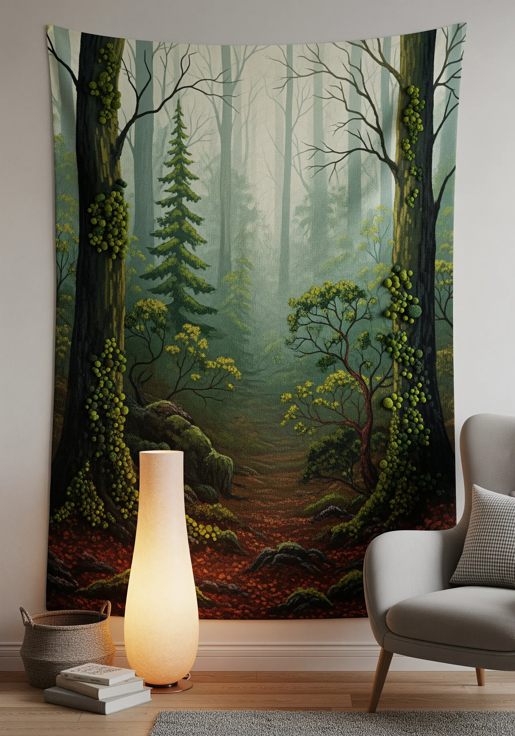 Embroidered forest landscape tapestry using gradients to create mist and depth.