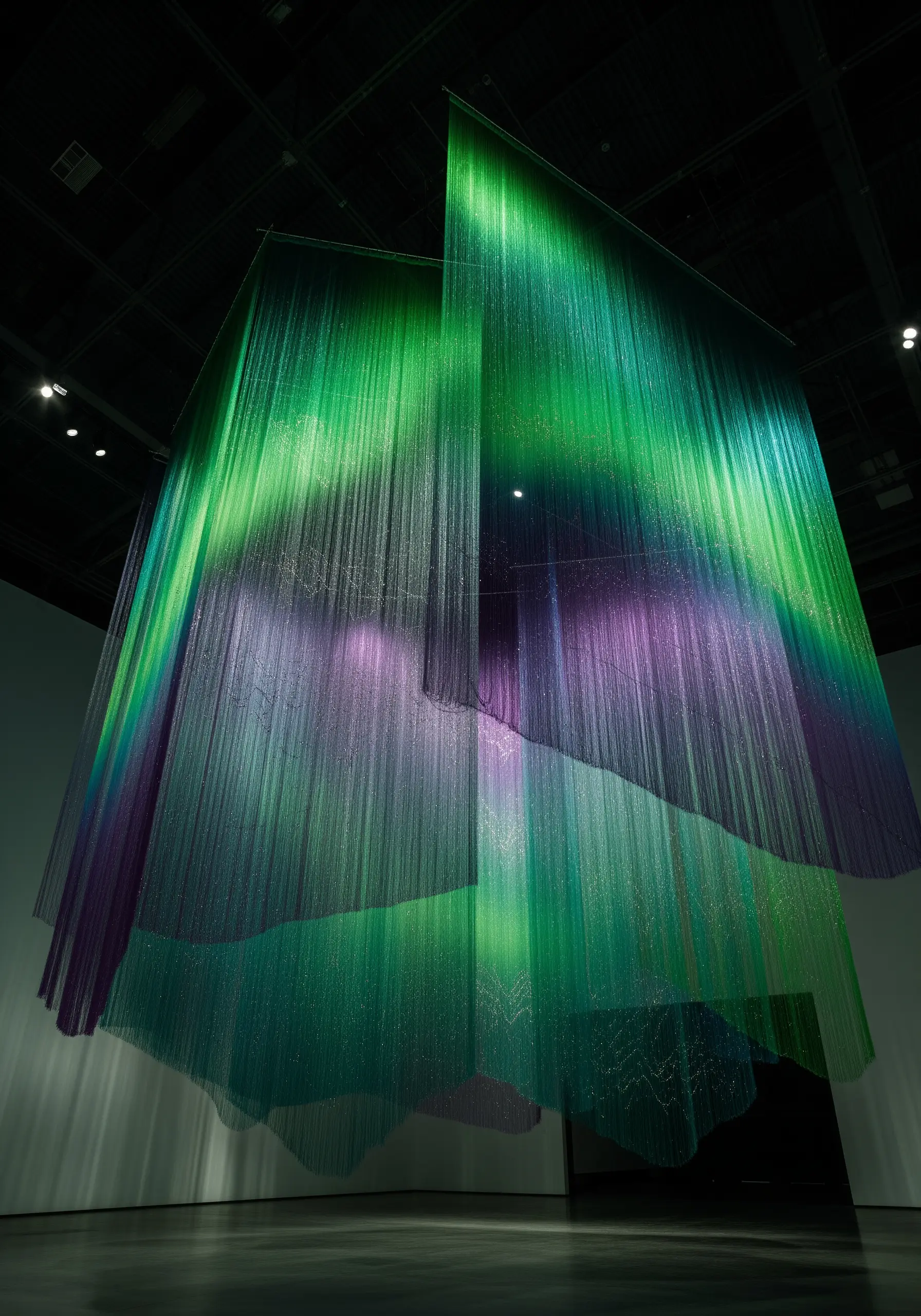 A hanging installation of sheer green and purple fabric that mimics the aurora borealis.