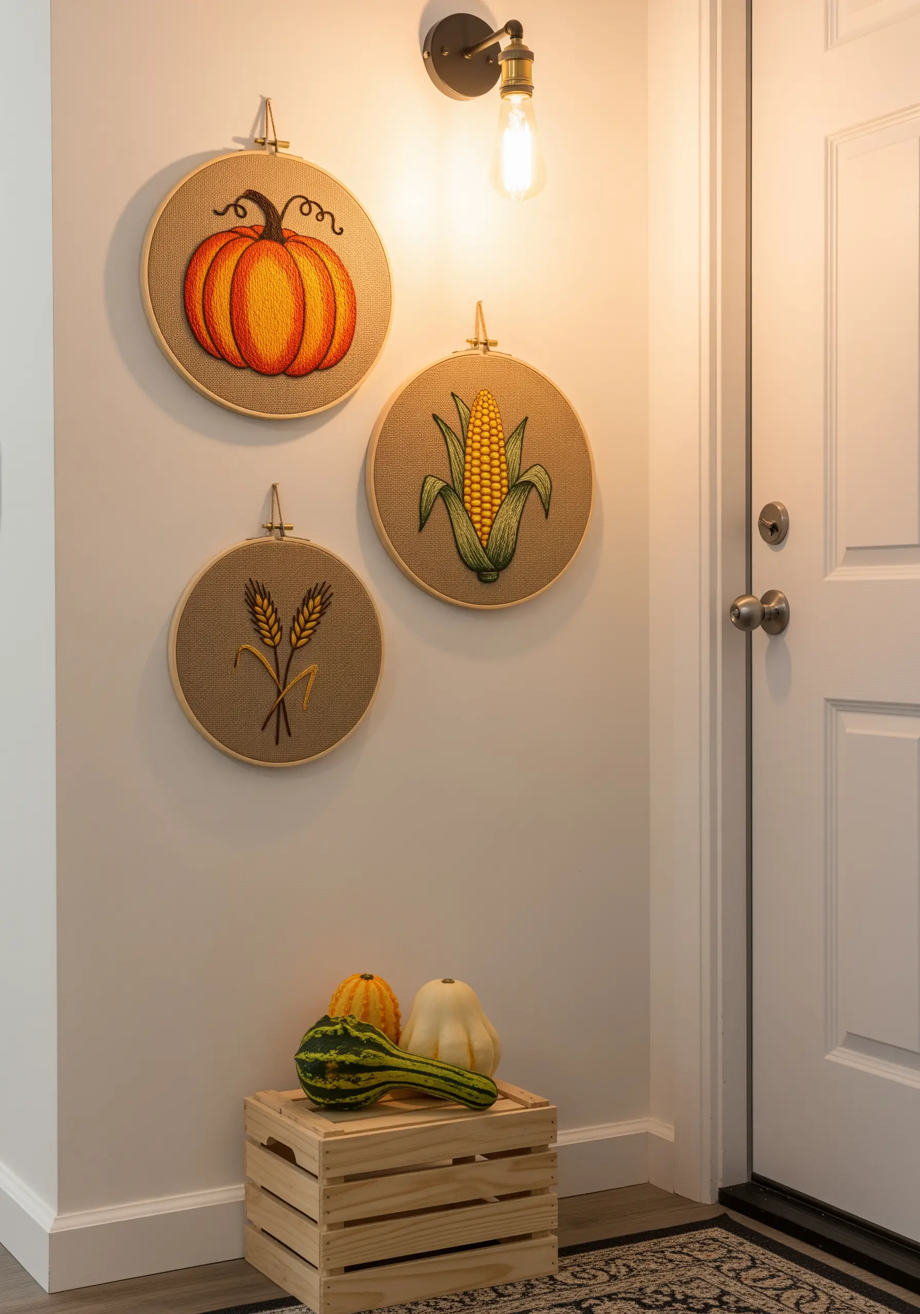 Autumn harvest themed embroidery hoops with a pumpkin, corn, and wheat on burlap fabric.