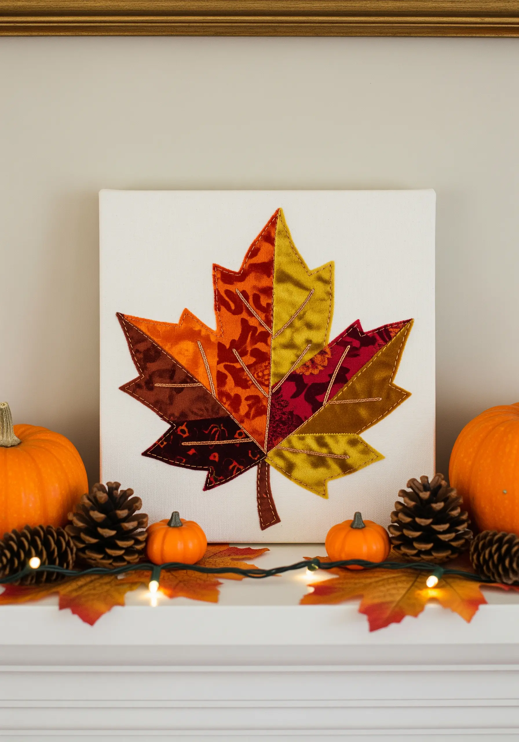 A patchwork maple leaf in autumn colors, with gold thread stitched as veins.