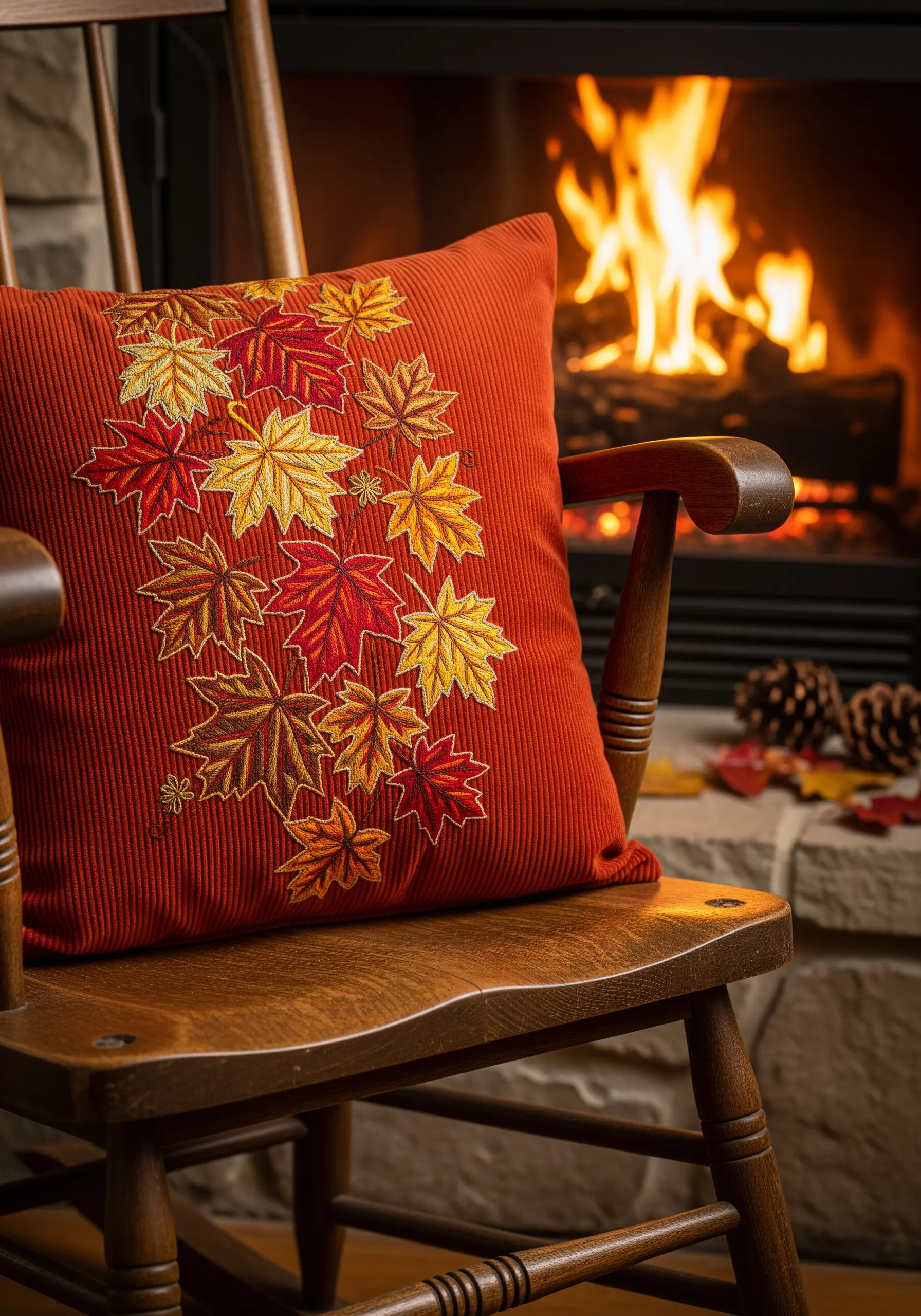 Embroidered autumn leaves in red, orange, and yellow on a corduroy pillow.