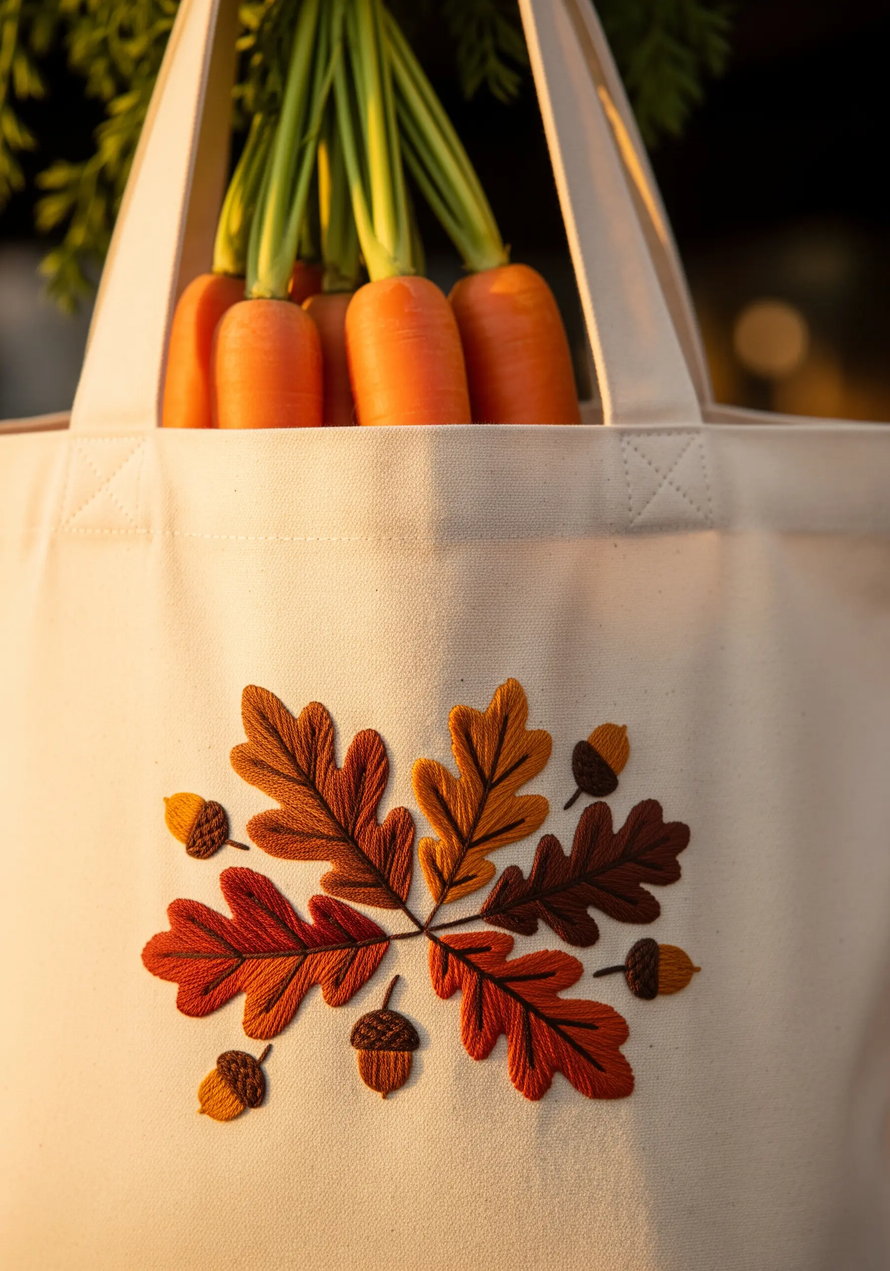 Embroidered oak leaves and acorns in warm autumn colors on a cream tote bag.