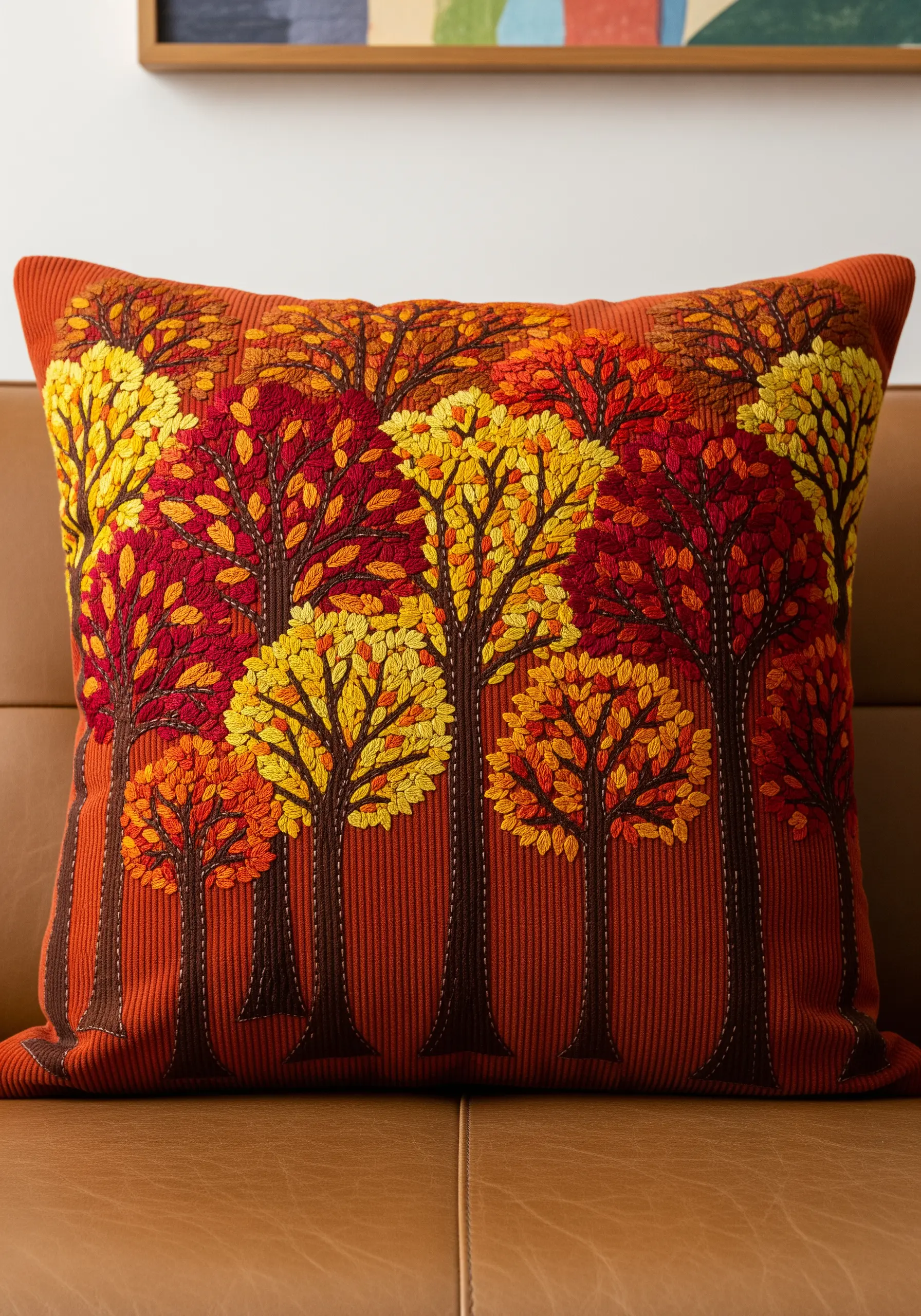 Embroidered autumn trees with red and yellow leaves on an orange corduroy pillow.