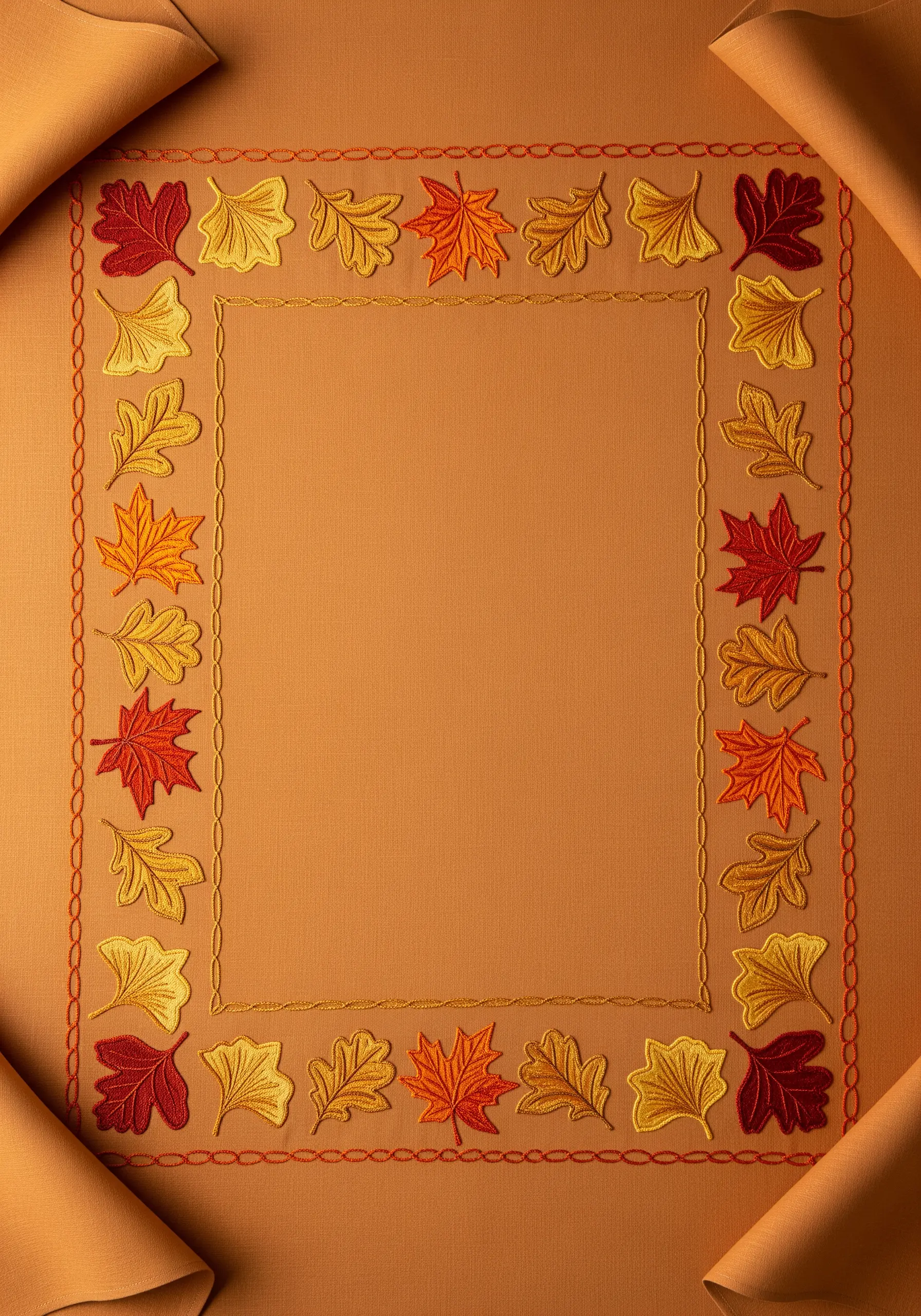 An embroidered border of autumn leaves in red, orange, and yellow on a tan tablecloth.