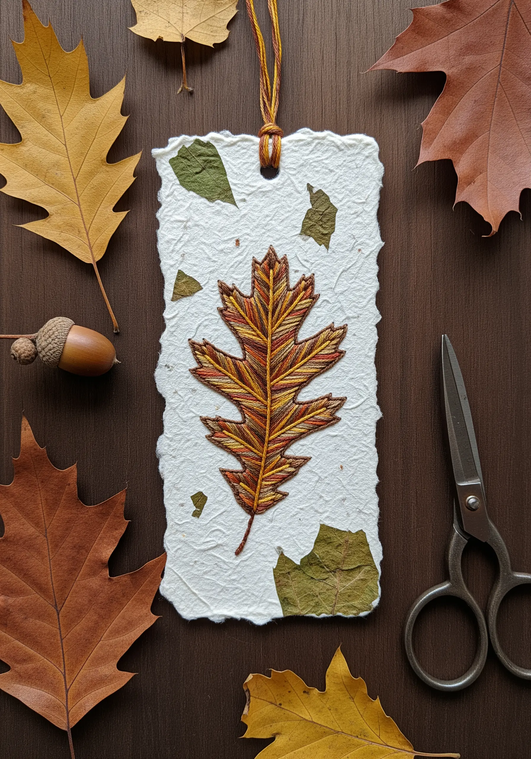 Autumnal oak leaf embroidered on handmade paper using blended long-and-short stitch.