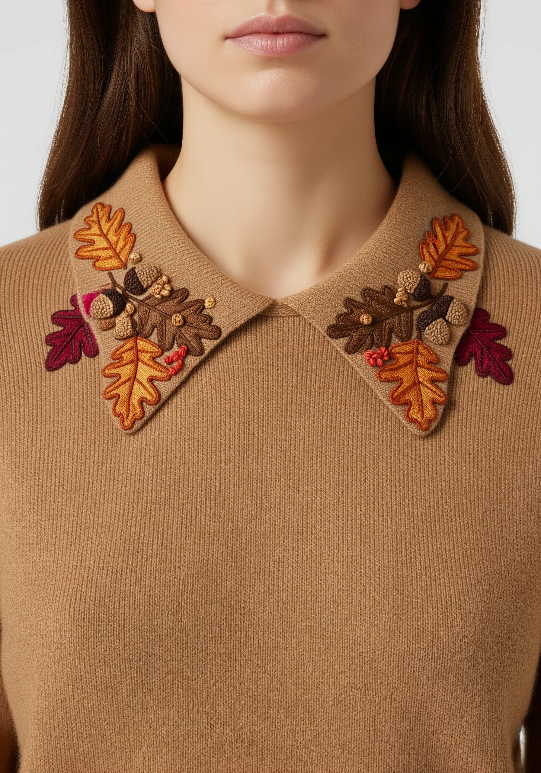 Autumnal oak leaves and acorns embroidered on the collar of a brown knit sweater.