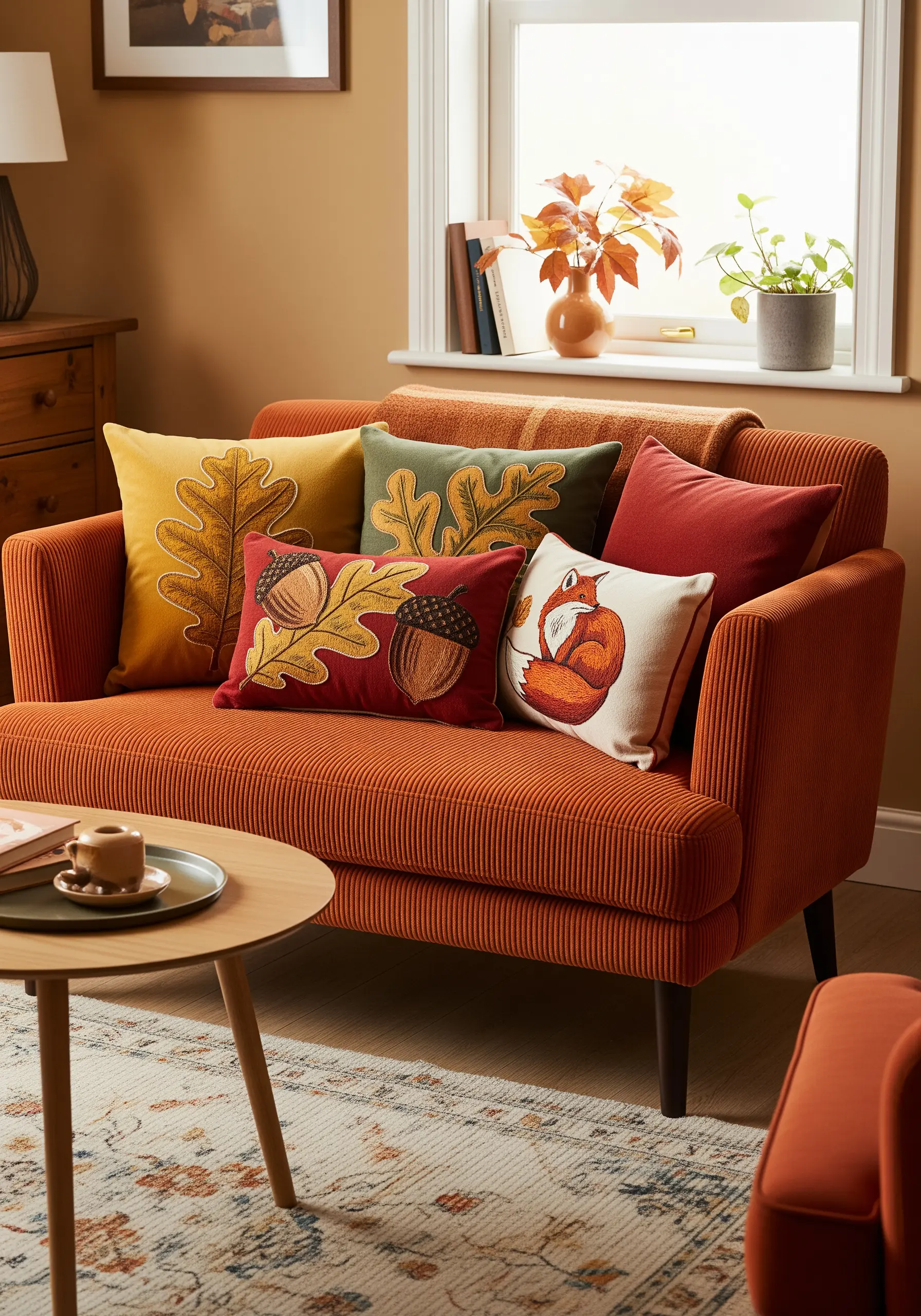 A collection of autumn-themed cushions with embroidered oak leaves, acorns, and a fox.
