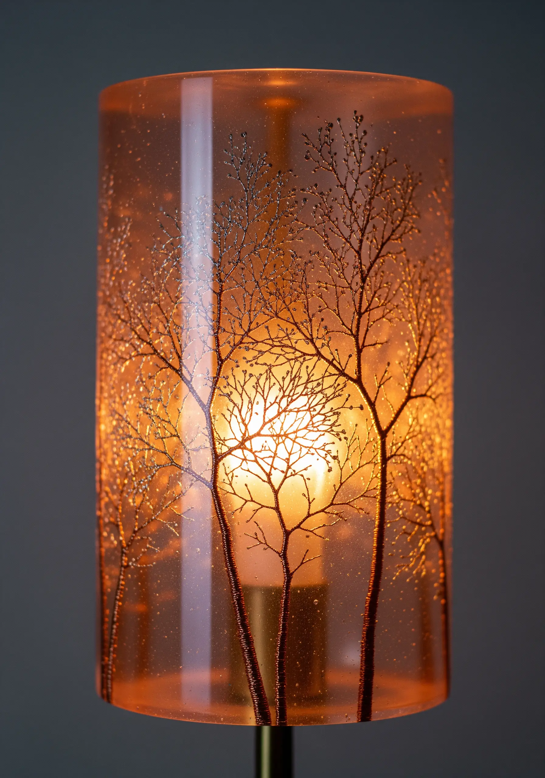 A cylindrical lamp with glittery embroidered trees inside an amber resin shade, lit from within.