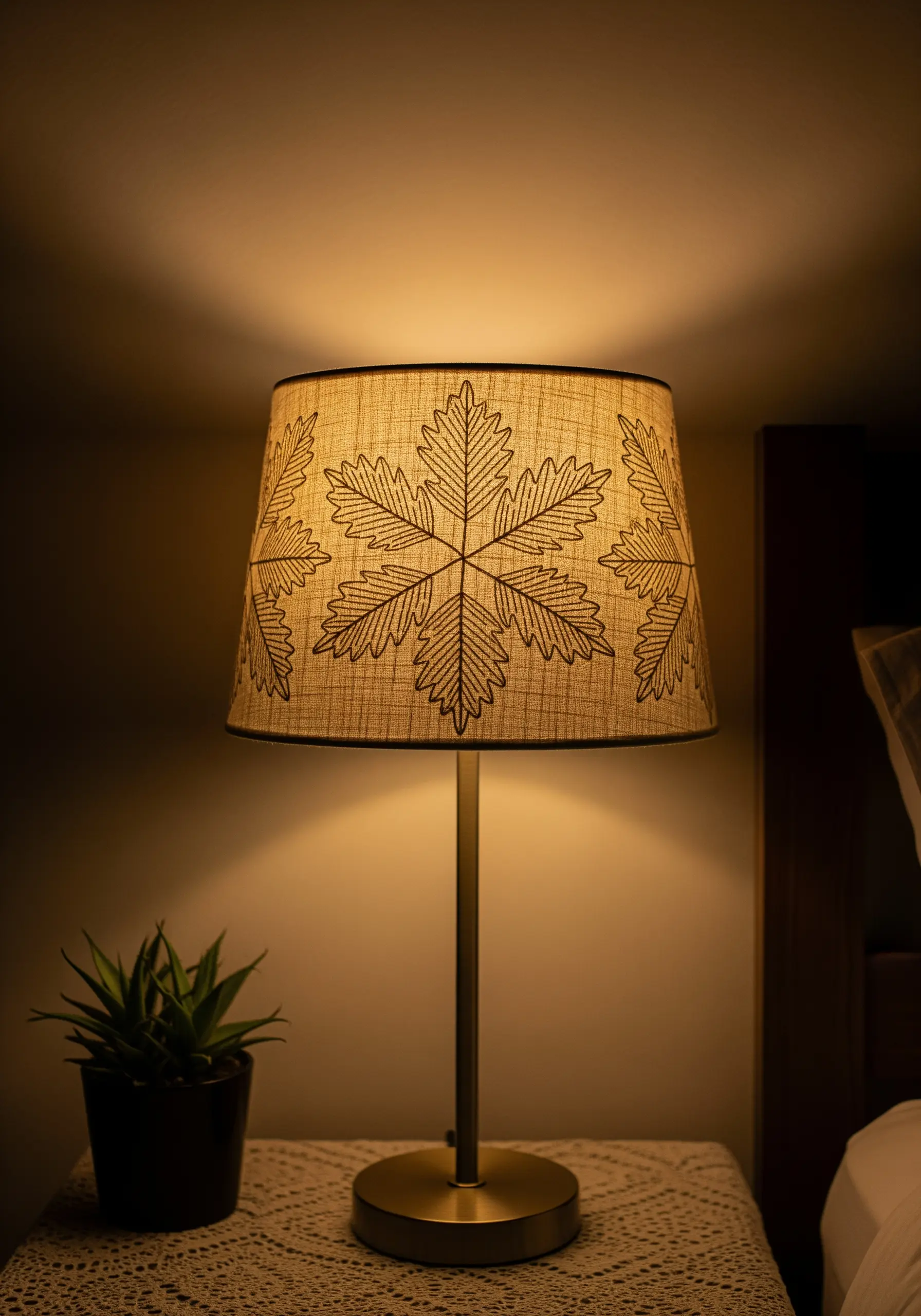 Line art oak leaf mandala embroidered in black thread on a fabric lampshade.