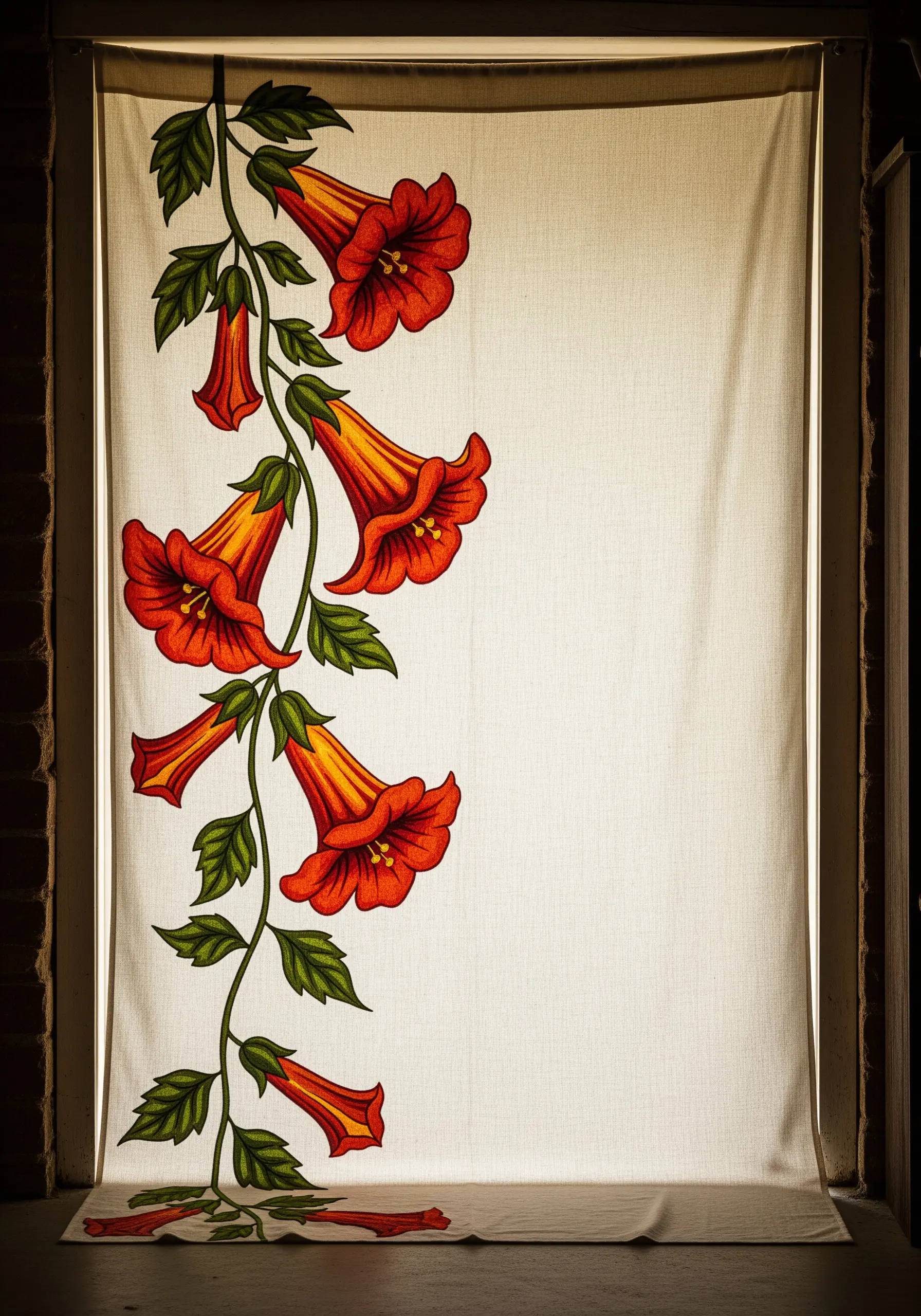 Red trumpet vine embroidery on a sheer panel, backlit by a window to create a silhouette.