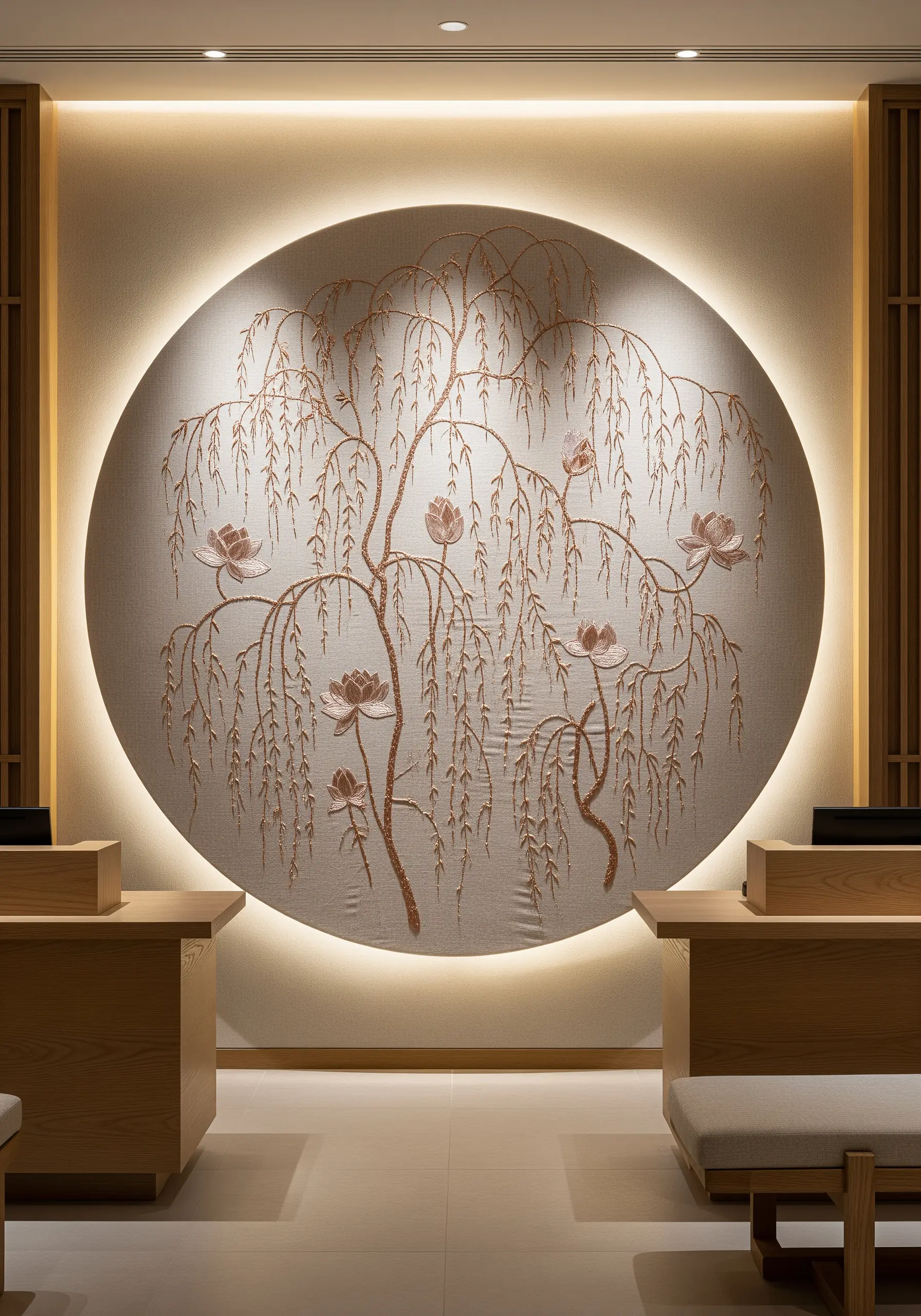 Circular backlit wall panel with a weeping willow embroidered in rose gold metallic thread.