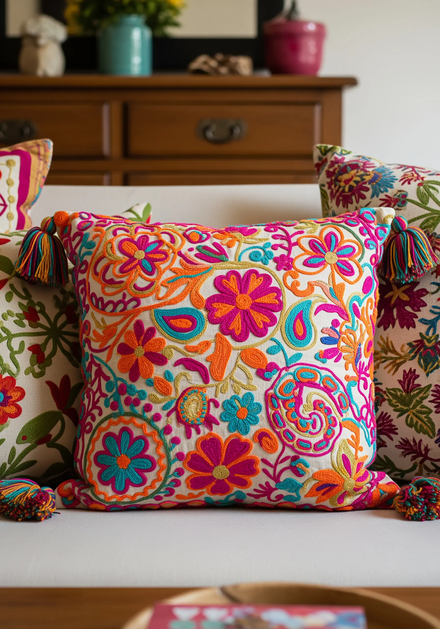 Vibrant, dense folkloric floral embroidery in pink, orange, and turquoise.