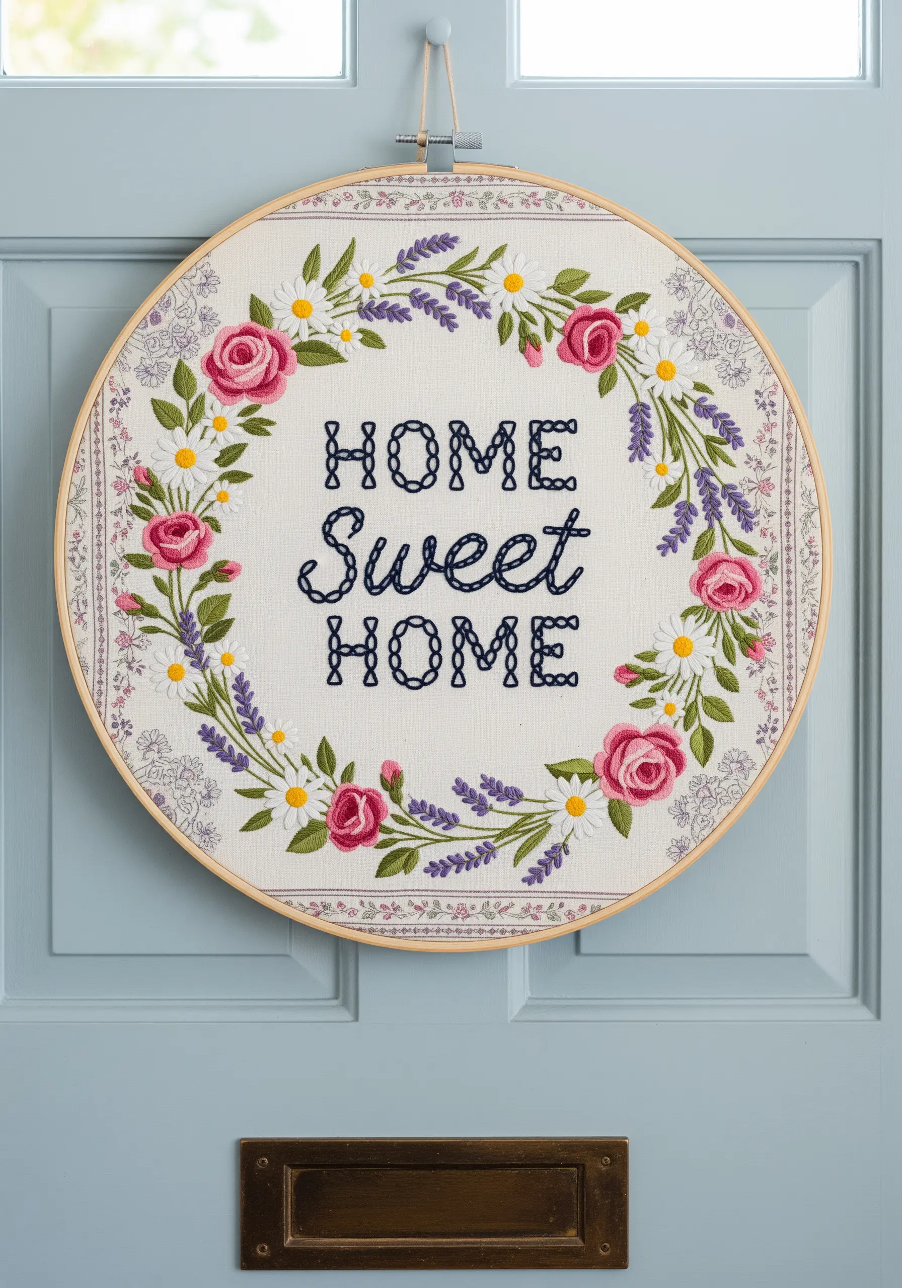 Home Sweet Home embroidery with a wreath of roses, daisies, and lavender.