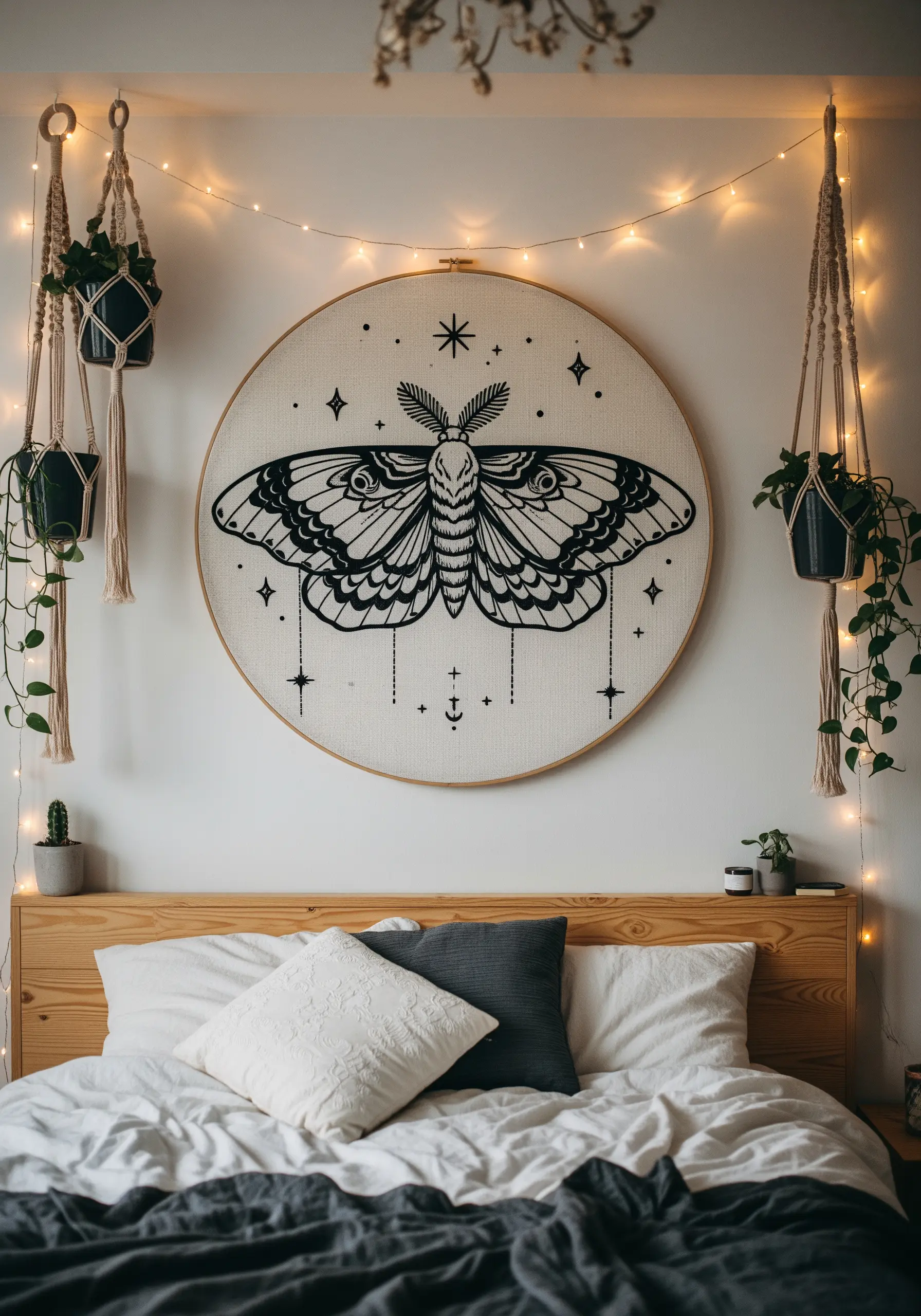 Large-scale hoop art of a black and white moth hanging above a bed.